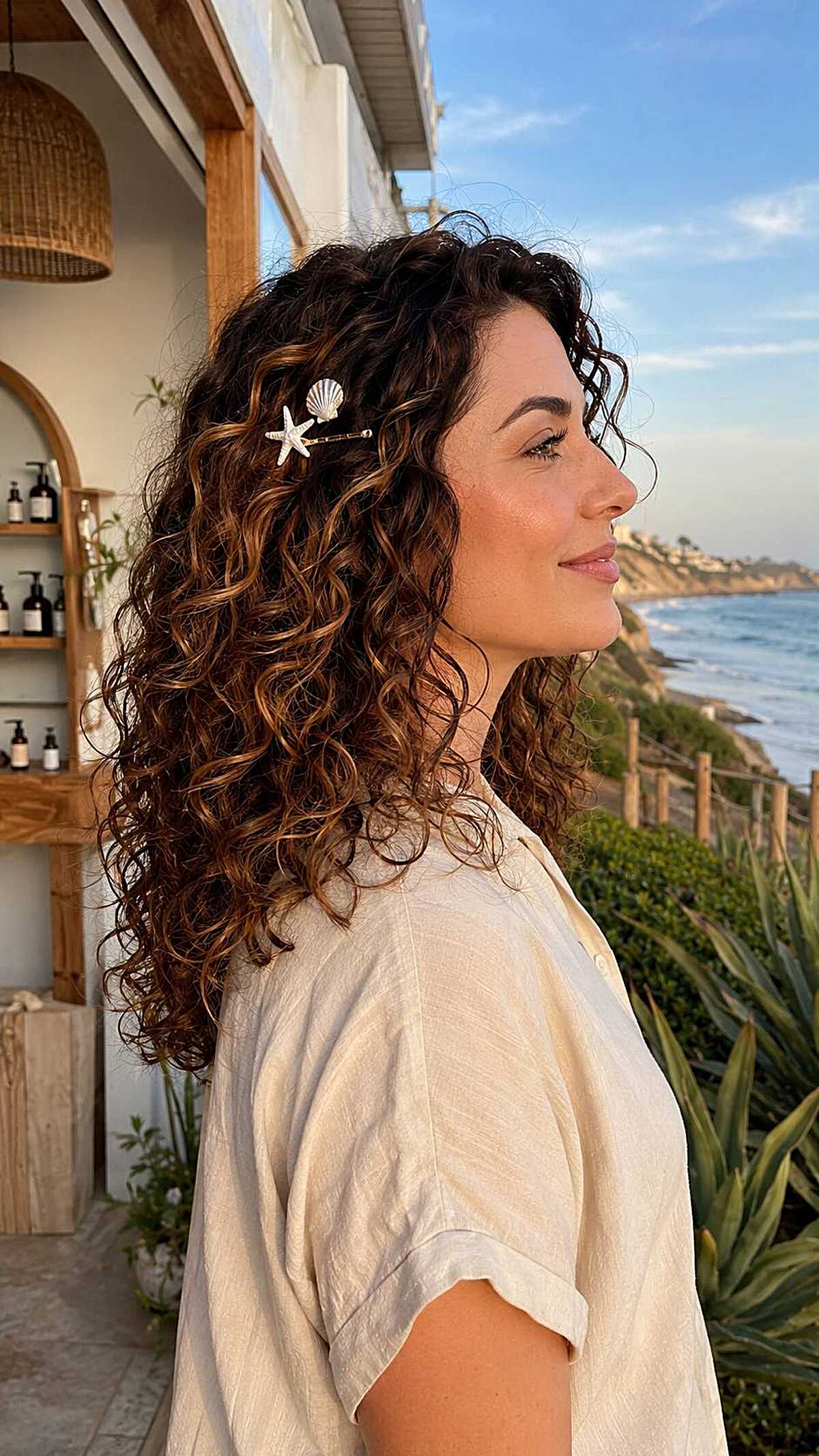 Natural curly brunette hair with seashell hair clips