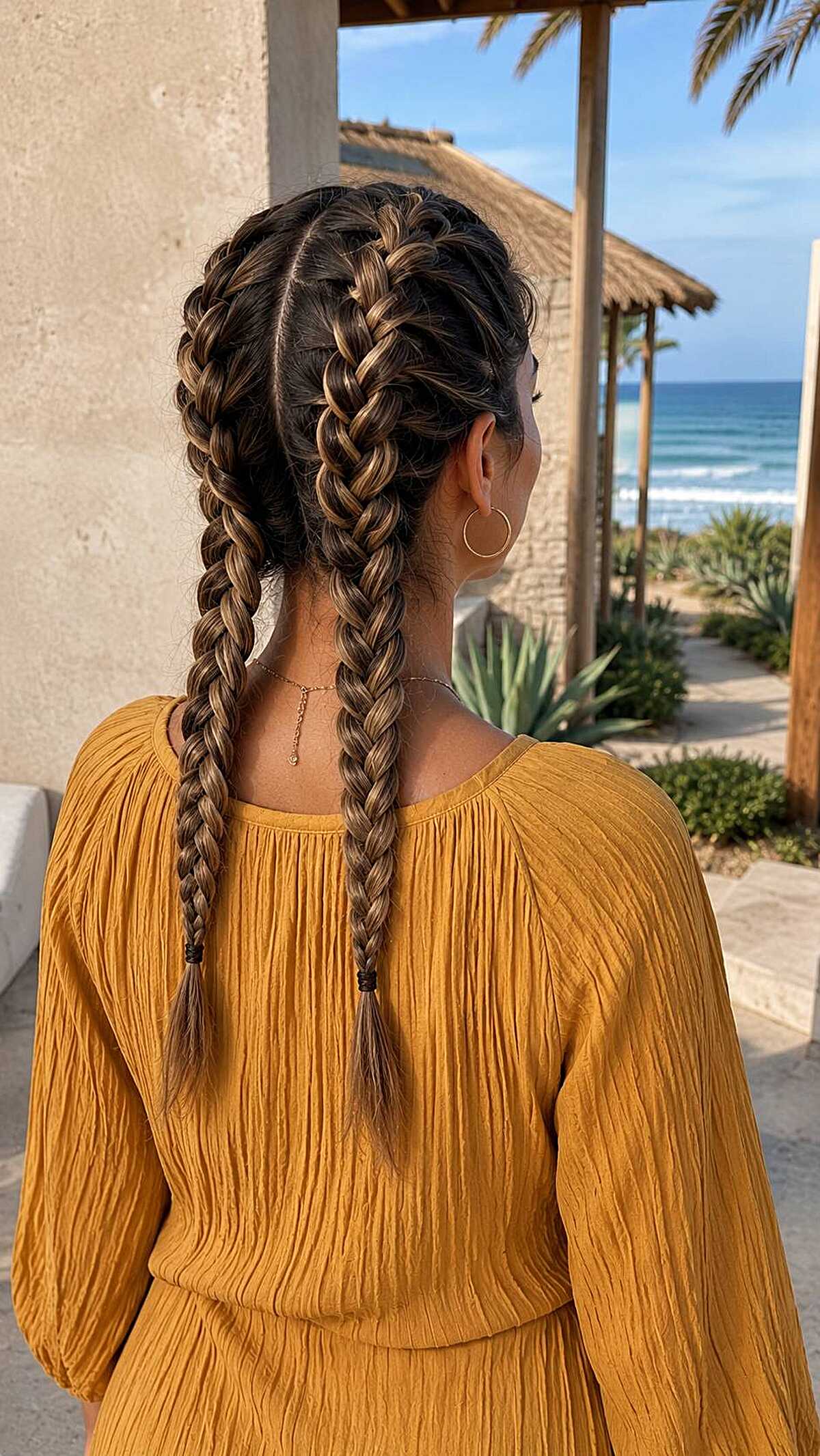 Long double Dutch braids on dark hair with highlights