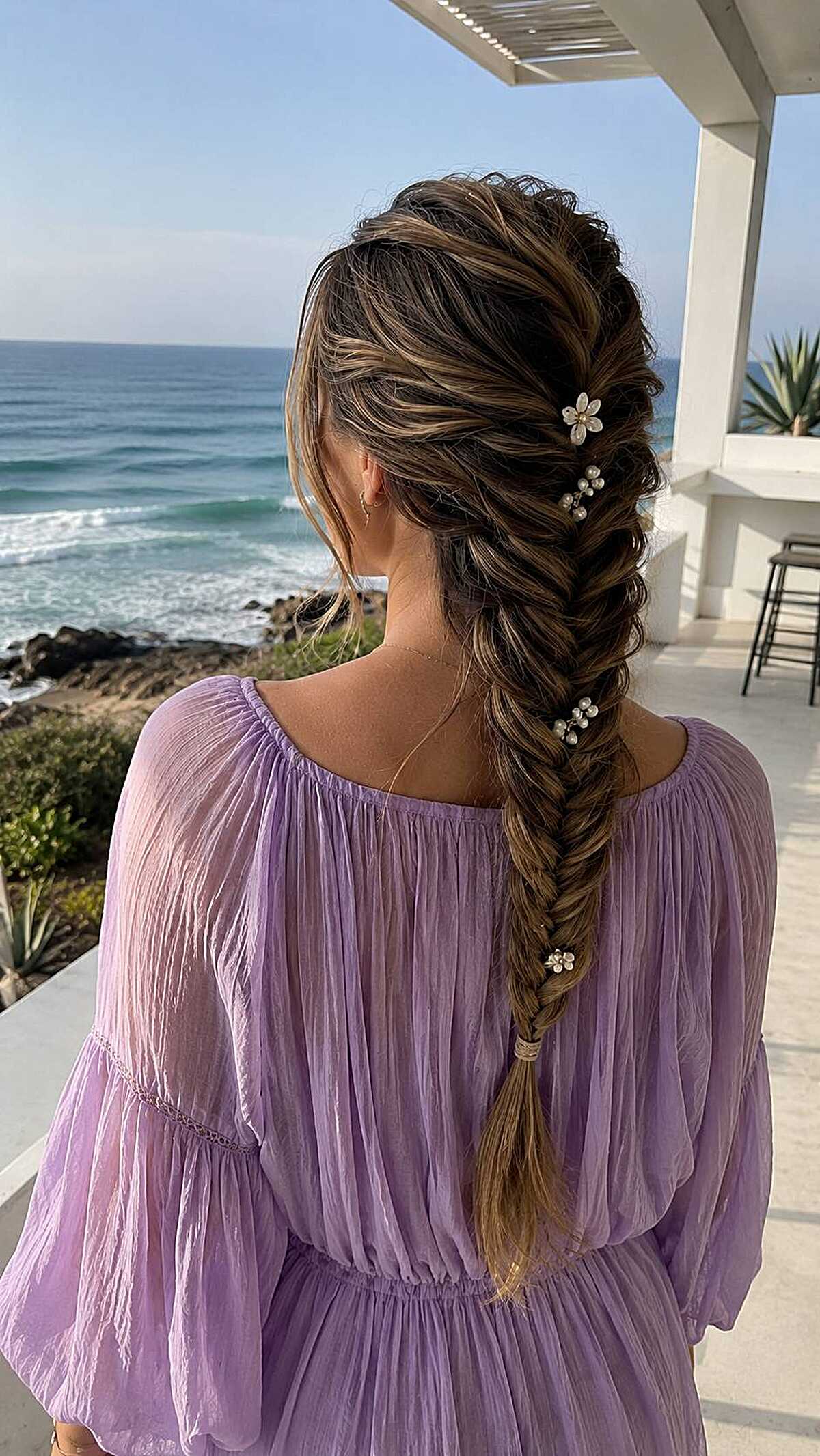Long fishtail braid with pearl flower pins