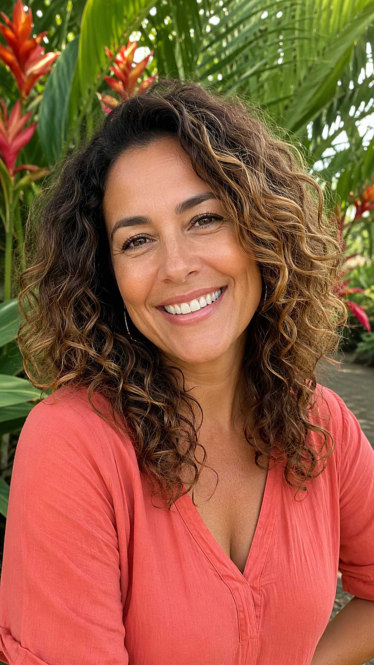 Golden Balayage on Medium-Length Natural Curls with Relaxed Layers