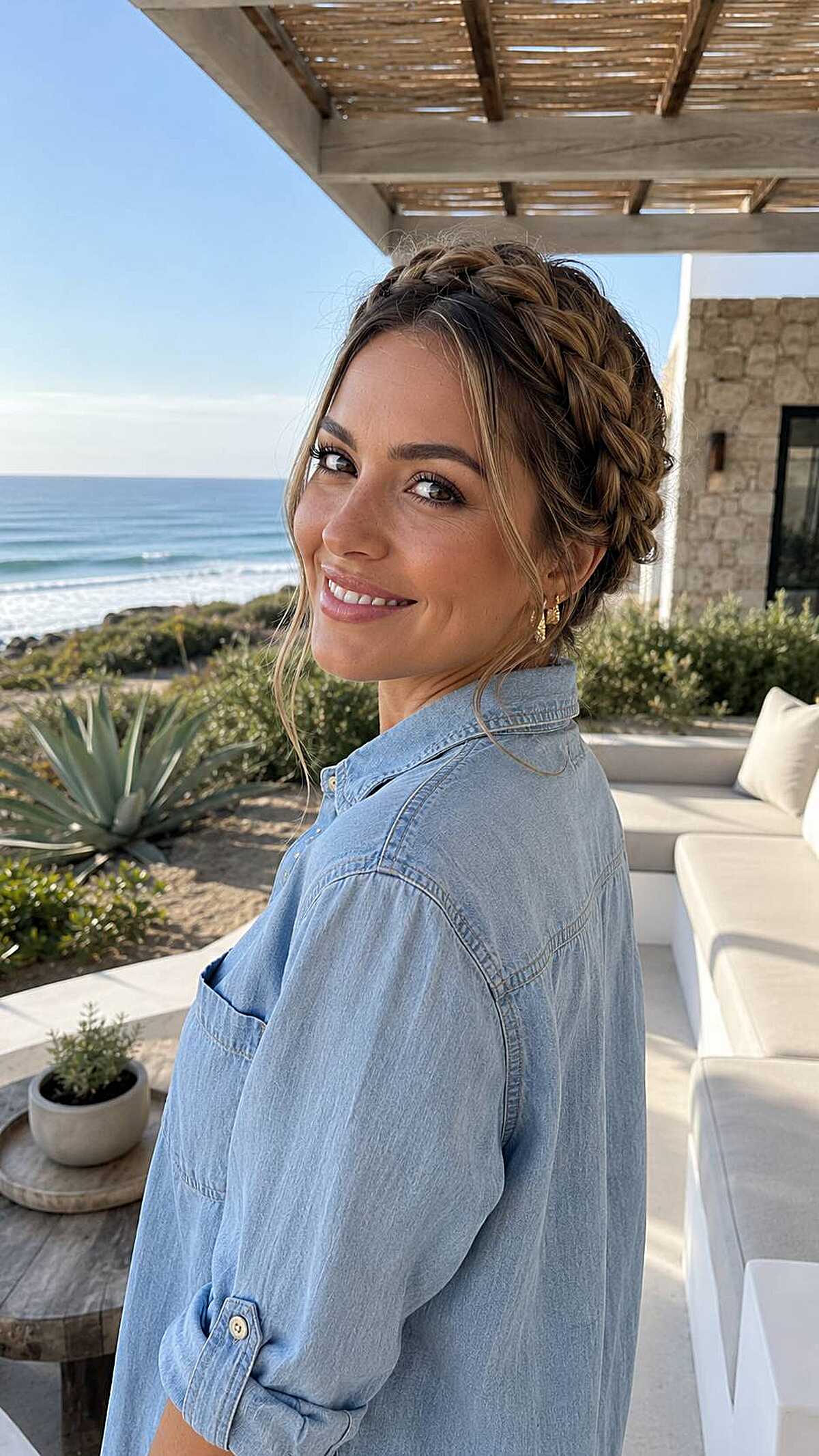 Brunette and blonde halo braid crown updo