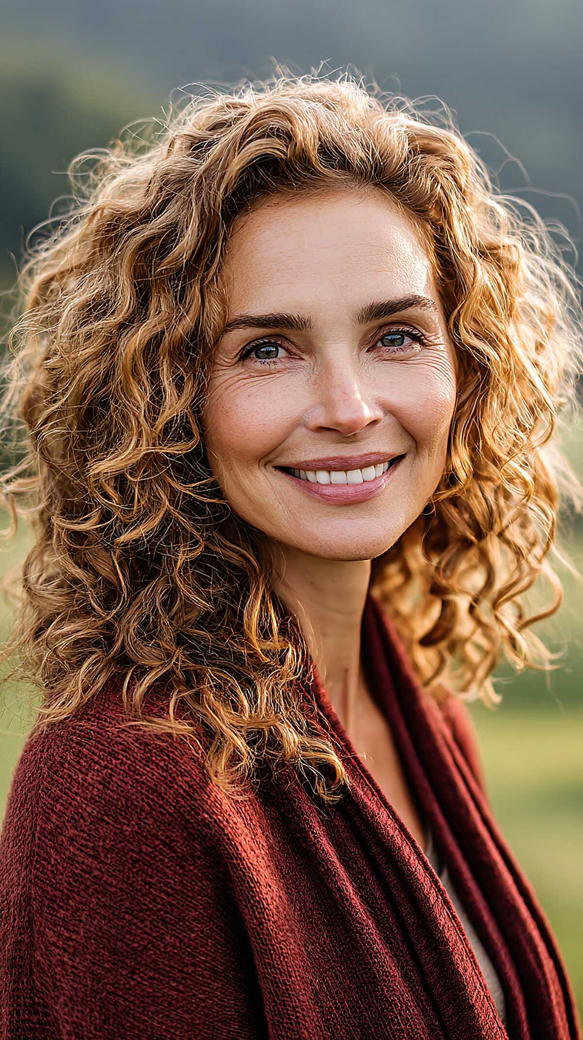 Honey-Gold Curls with Layered Volume and Natural Frizz Halo
