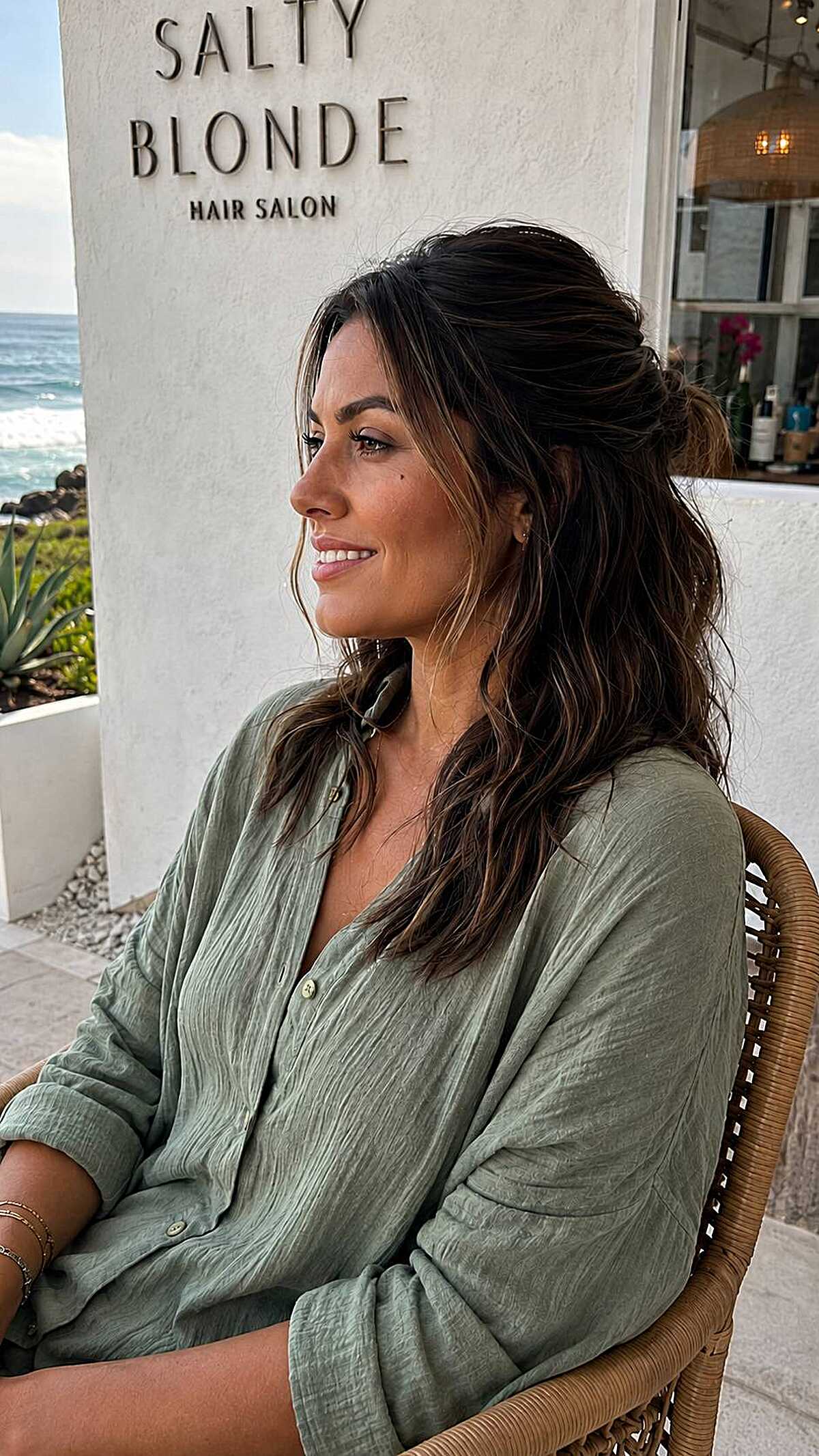 Brunette half-up hairstyle with loose wavy layers