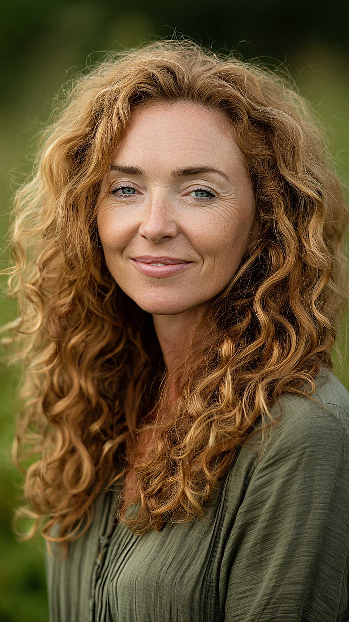 Long Copper-Gold Curls with Loose Layered Shape and Frizz Crown