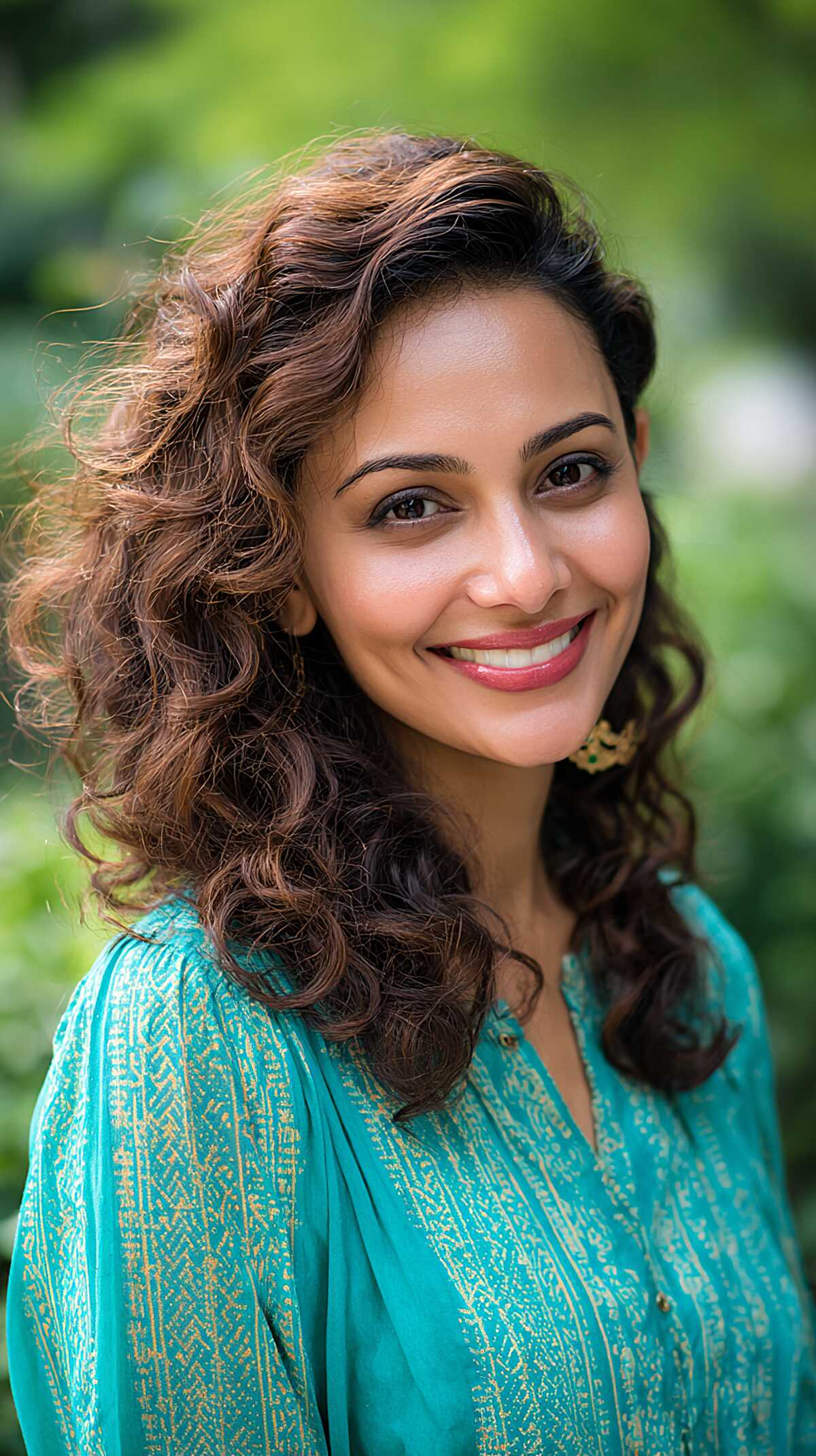 Medium-Length Curly Layers with Subtle Warm Chestnut Ribbons