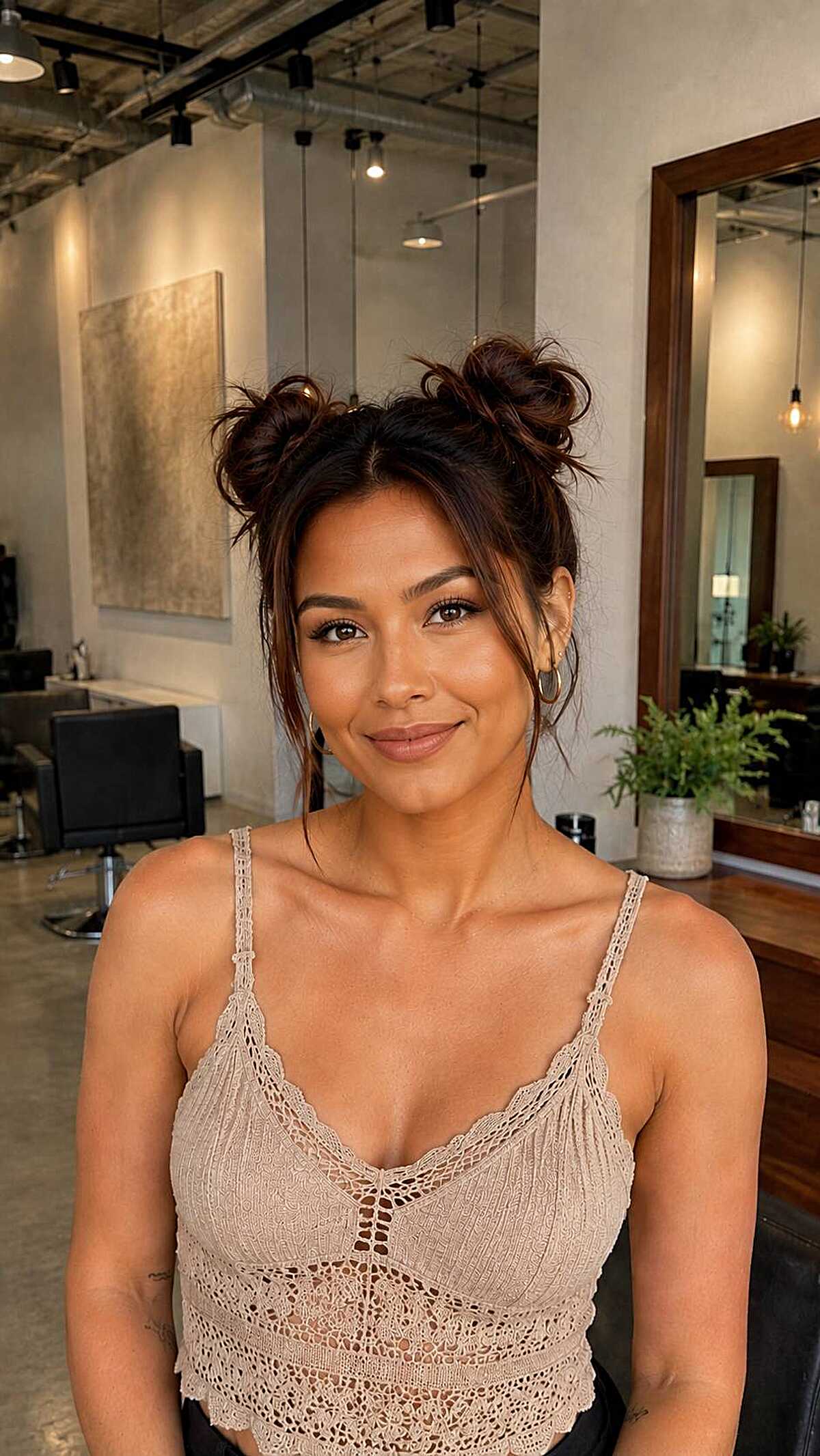 Brunette short hair styled into messy space buns