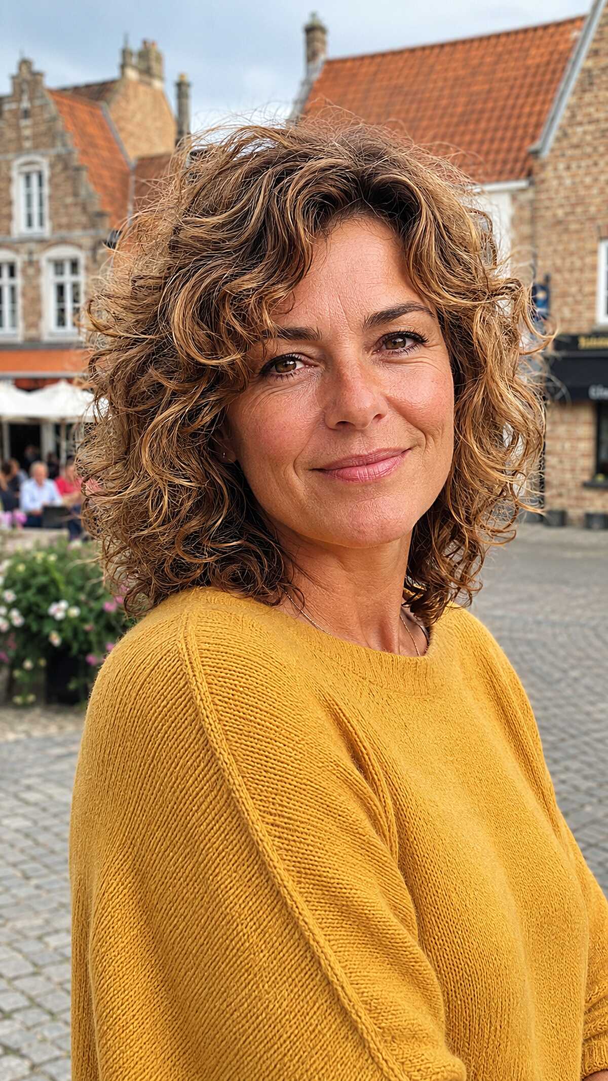 Shoulder-Length Curly Shag with Warm Caramel Pieces
