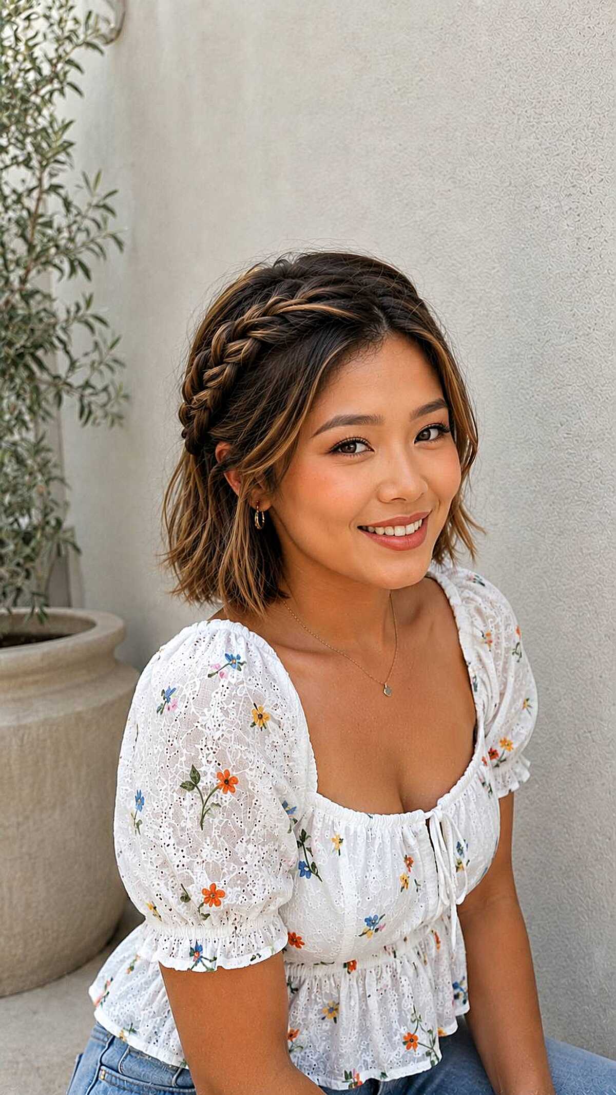 Short wavy bob with a side braid crown detail