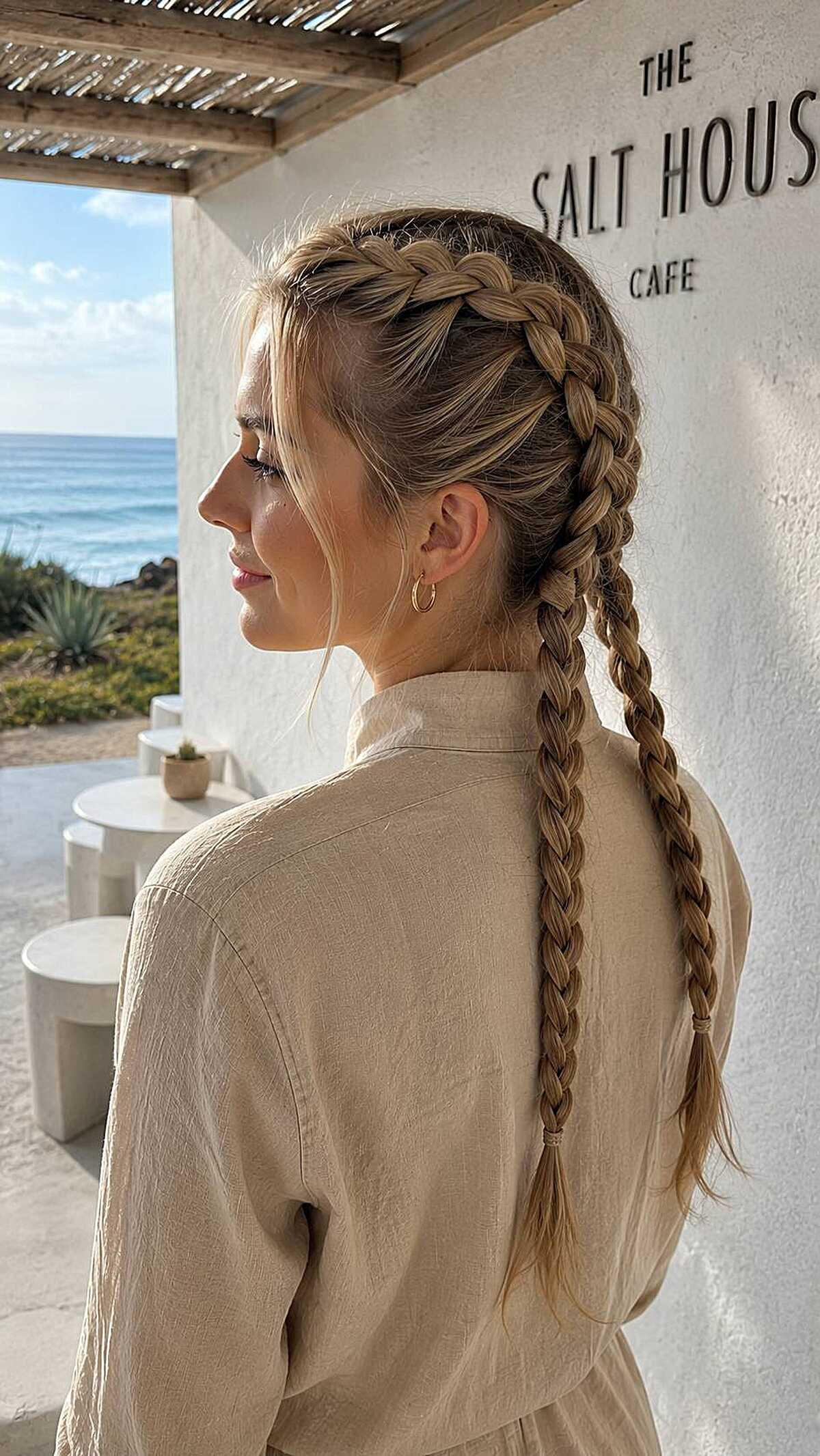 Tight double Dutch braids on long blonde hair