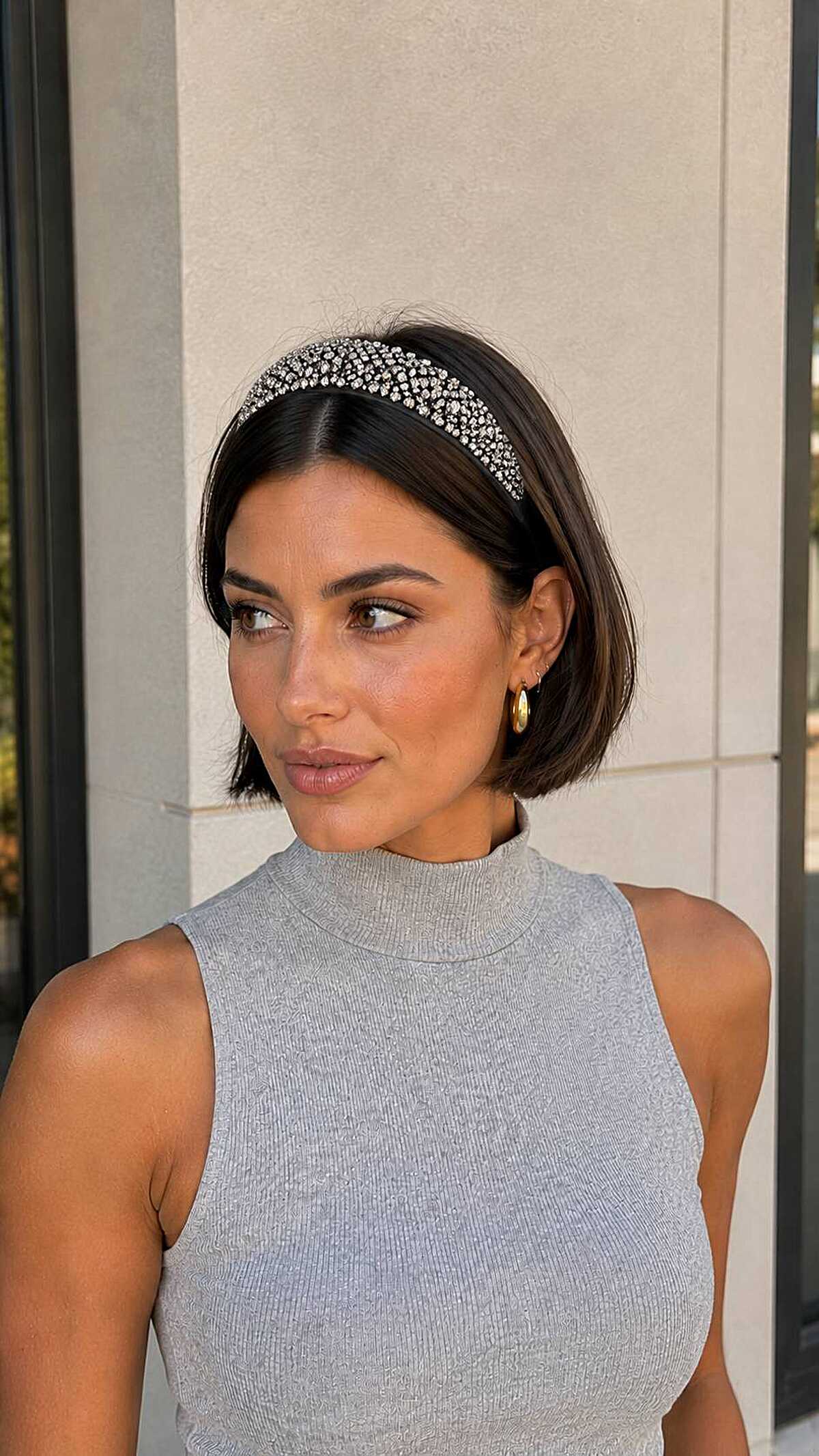 Sleek dark bob with a crystal embellished headband