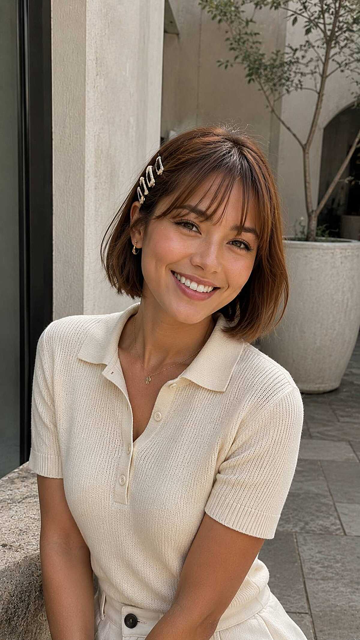 Chin-length brown bob with wispy bangs and gold clips