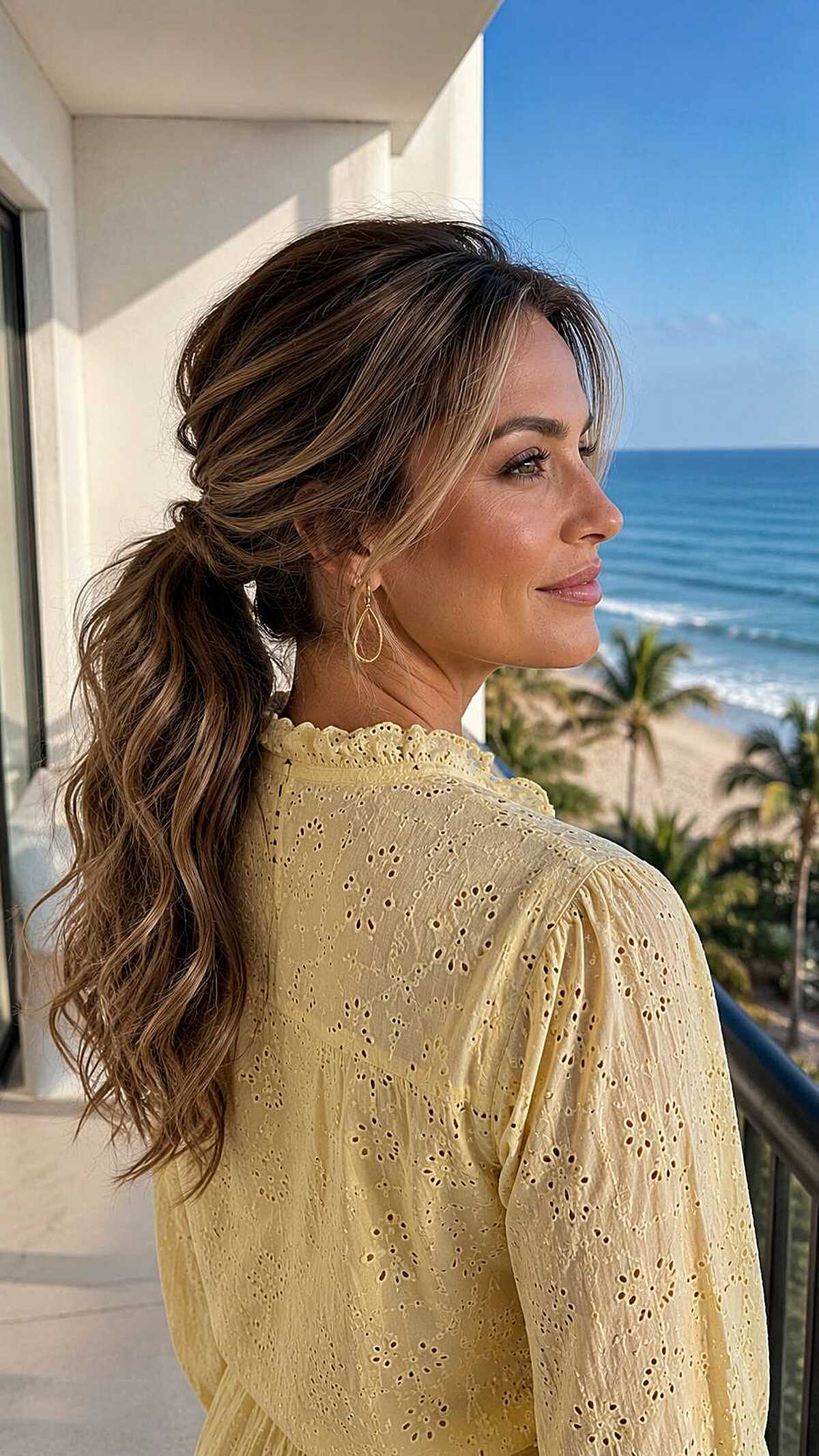 Wavy brunette low ponytail with blonde highlights