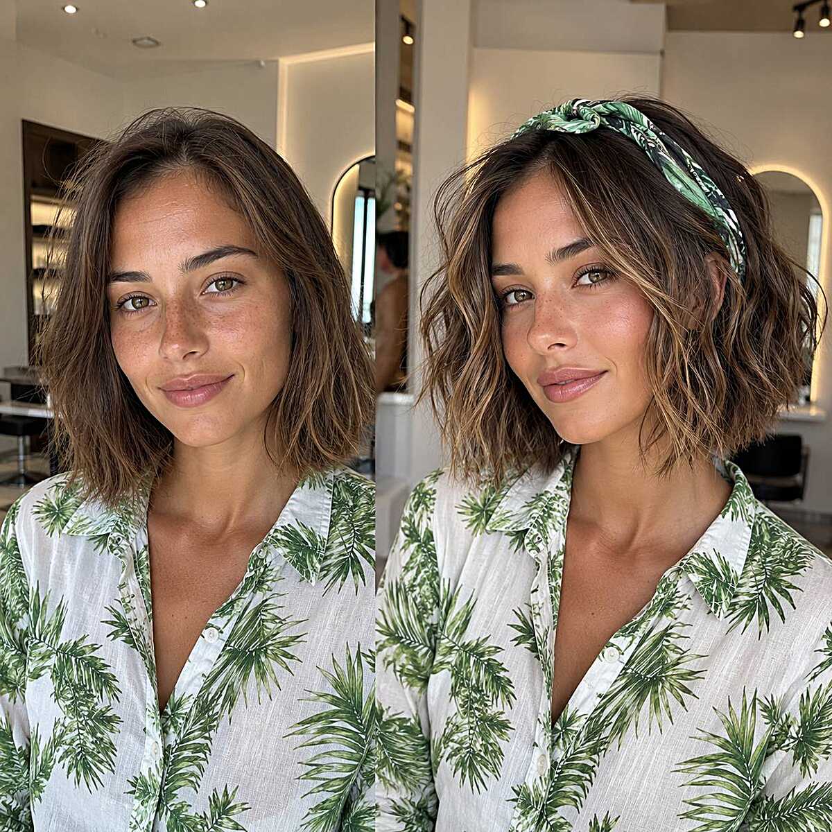 Chin-length wavy bob styled plain and with headband
