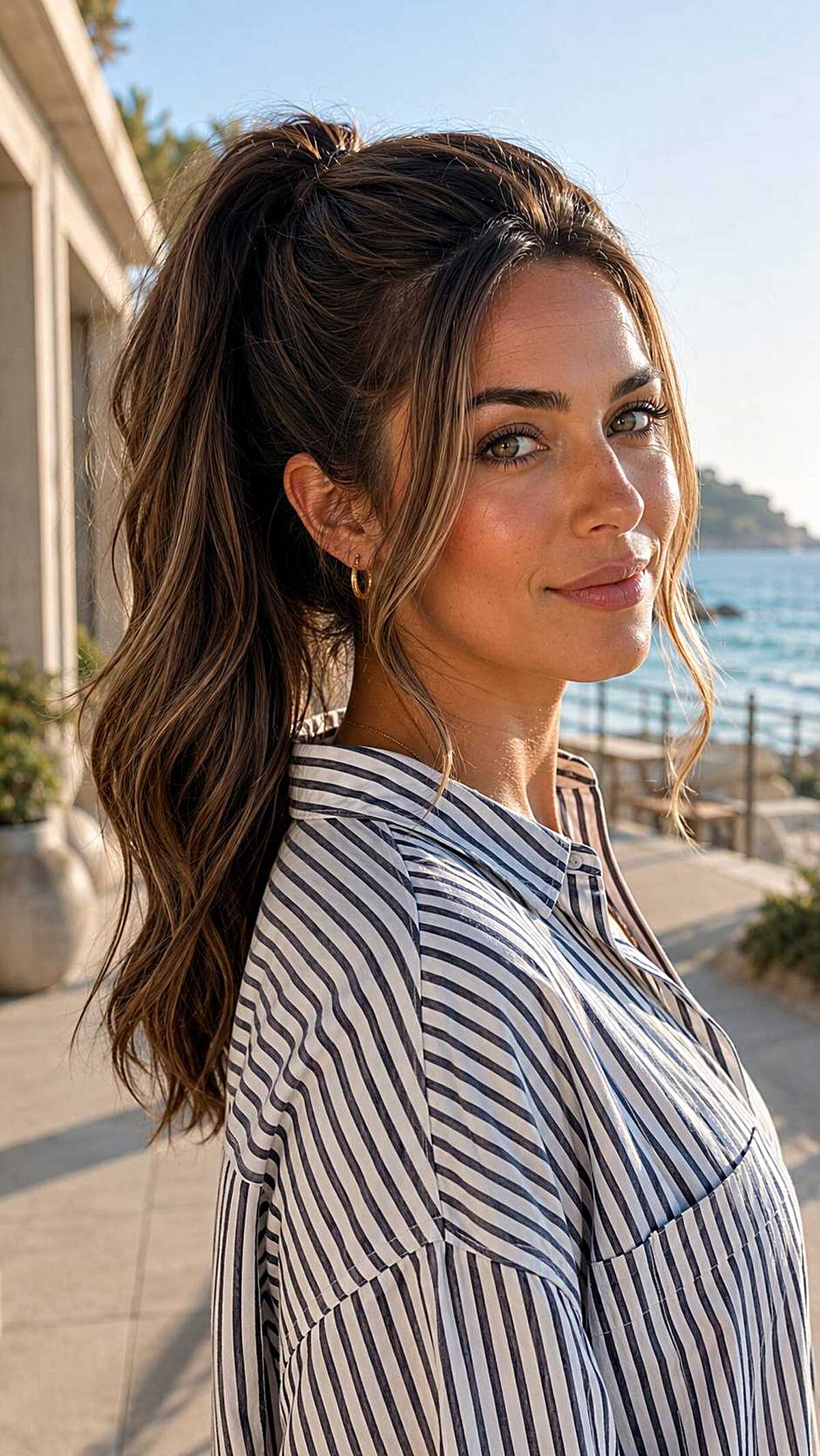 High wavy ponytail with face-framing pieces