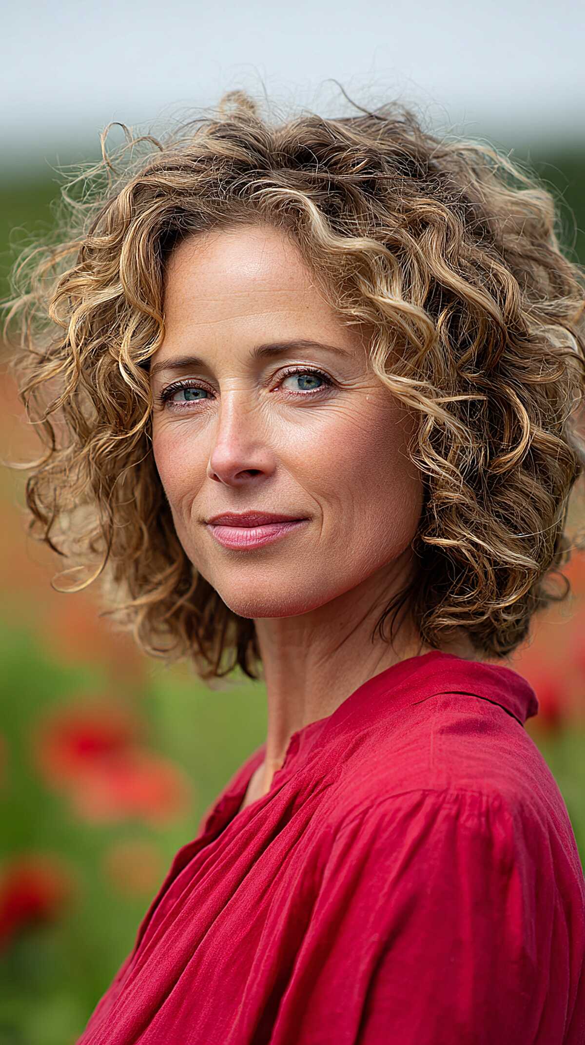 Tousled Honey-Blonde Curly Bob with Dry-Cut Layers