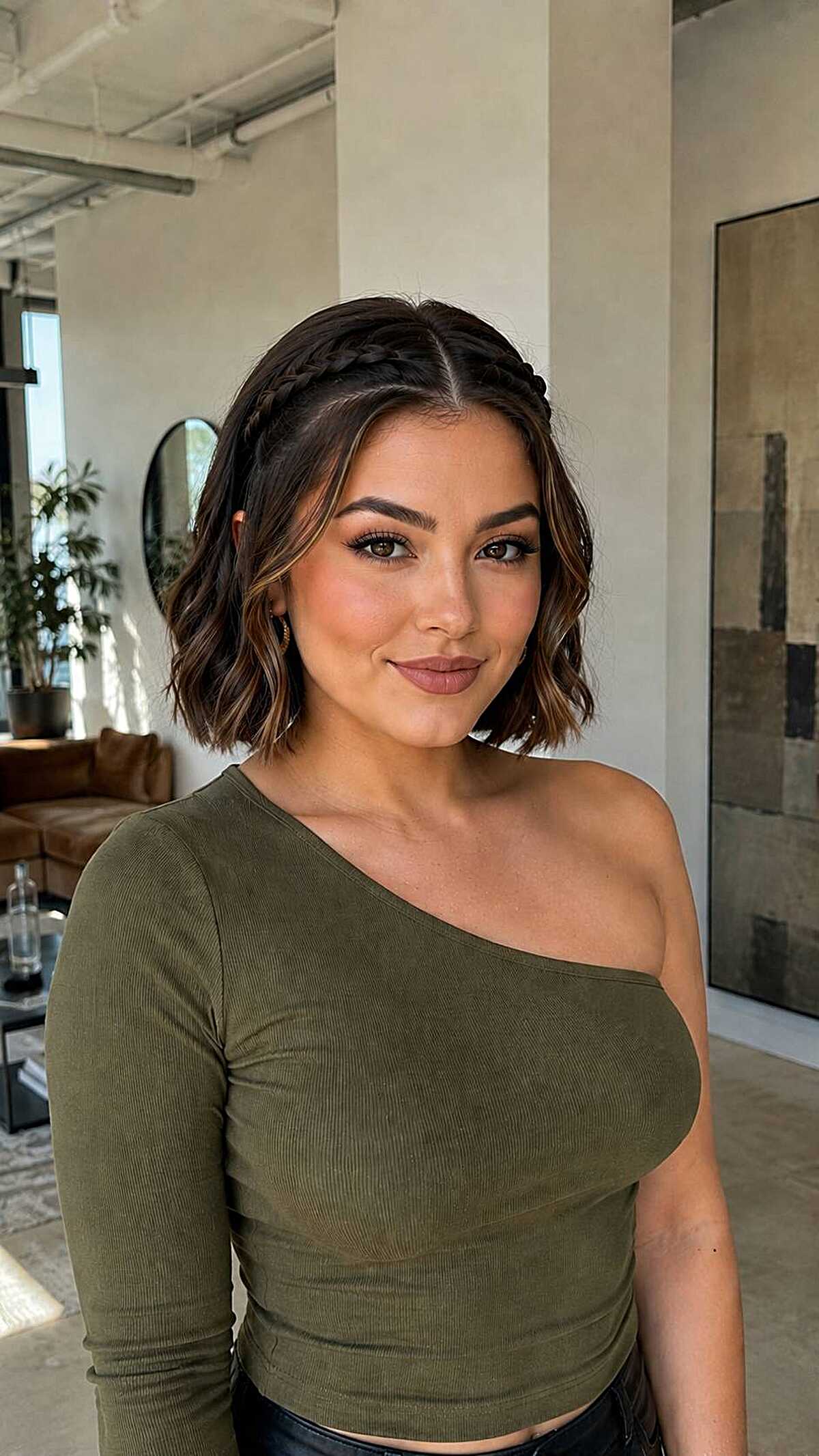Dark wavy bob with a small side braid detail