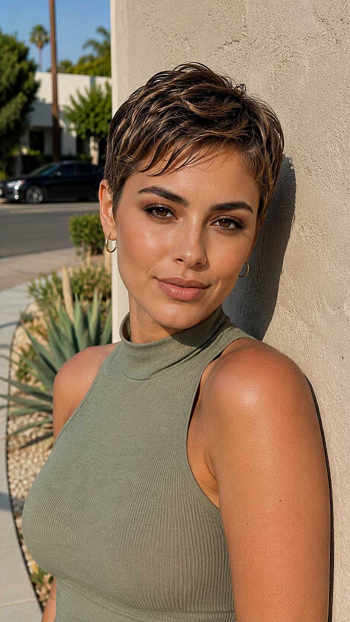 Wet-look short pixie with warm brown highlights