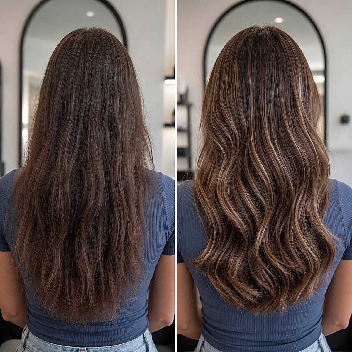 Before and after brunette transformation to latte balayage