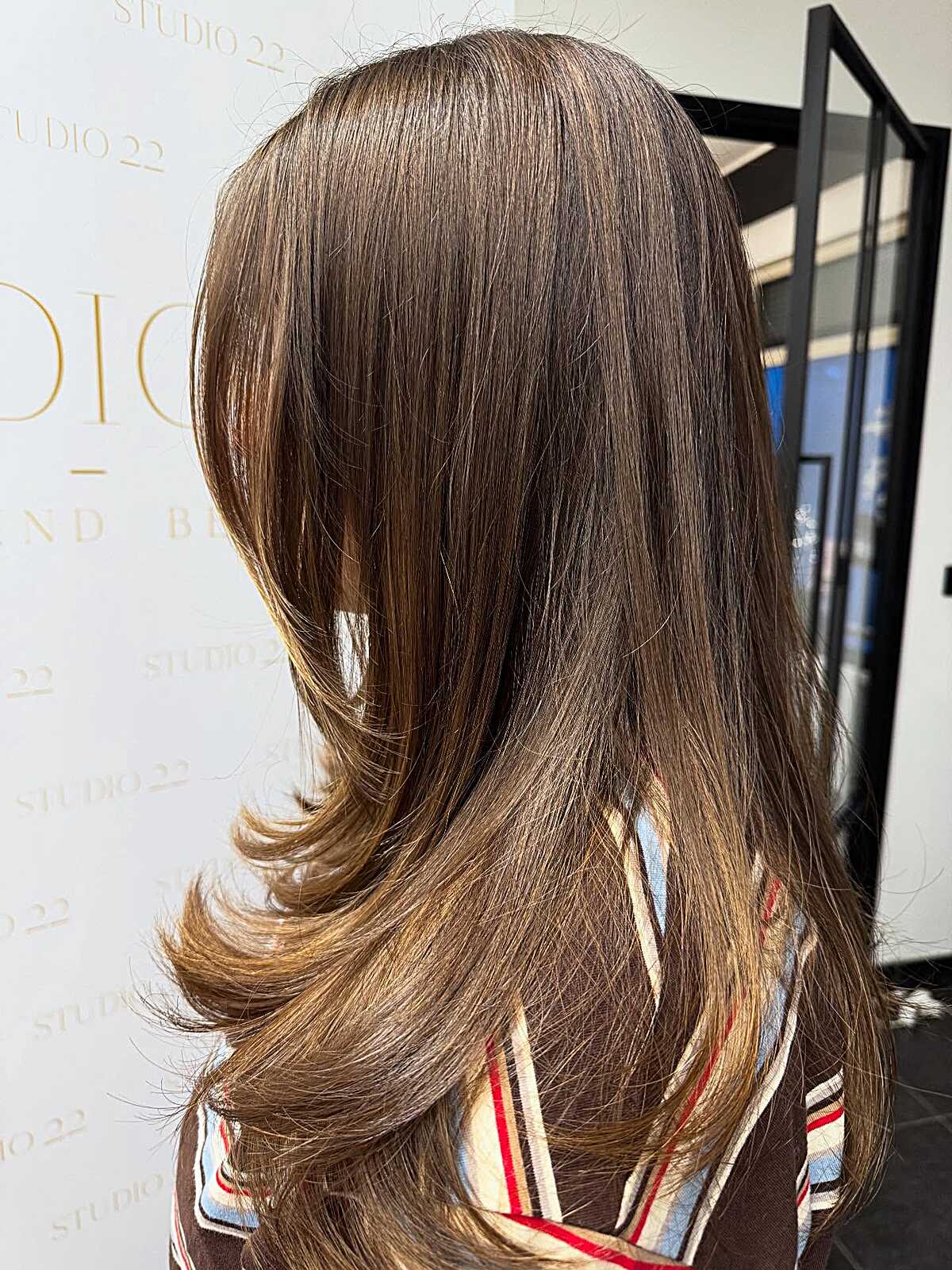 Long sleek latte brunette with flipped ends