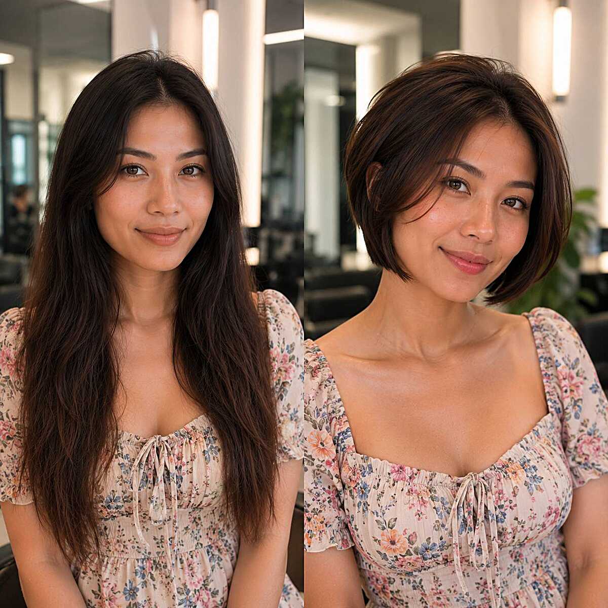 Before and after from long dark hair to chin-length bob