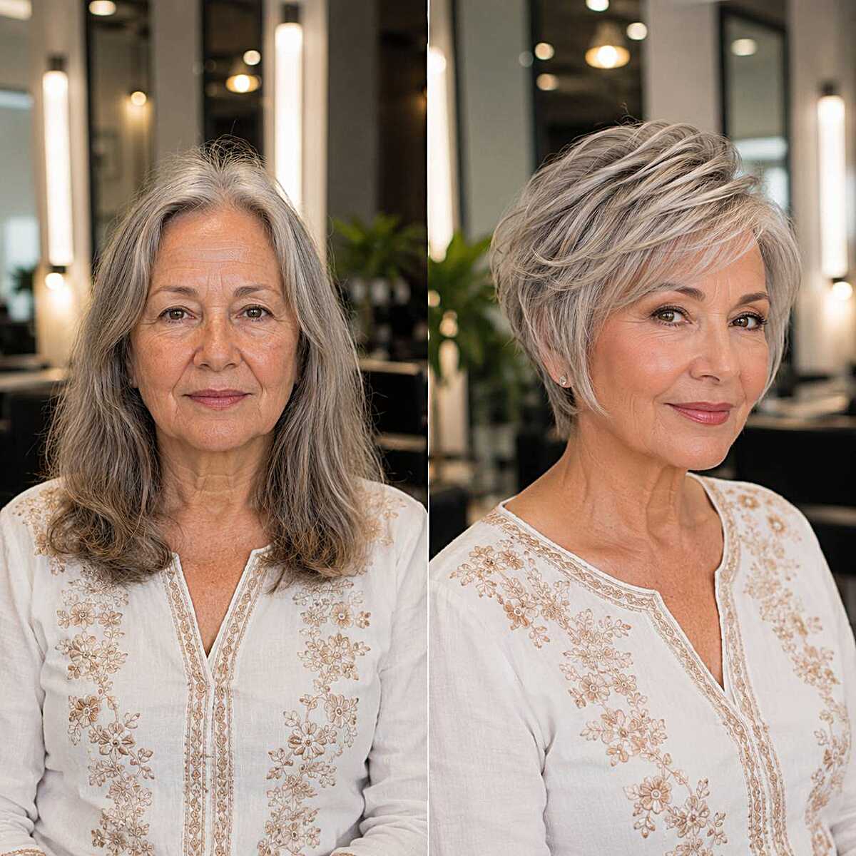 Before and after bixie transformation from long gray hair