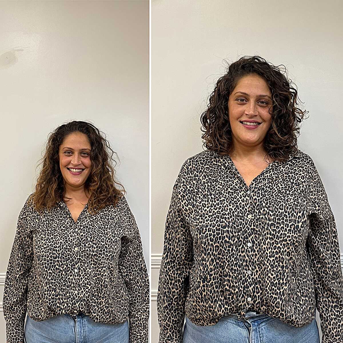 Before and after curly bob transformation on dark wavy hair