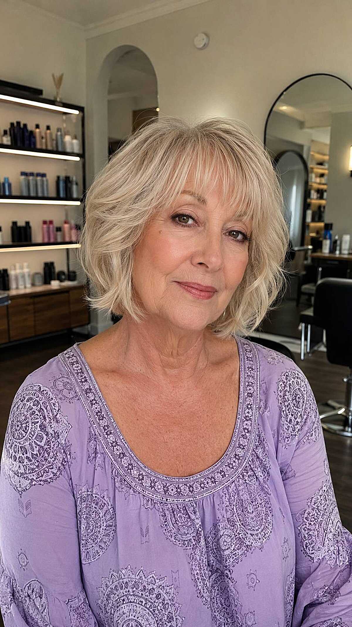 Chin-length blonde shag with soft curtain bangs