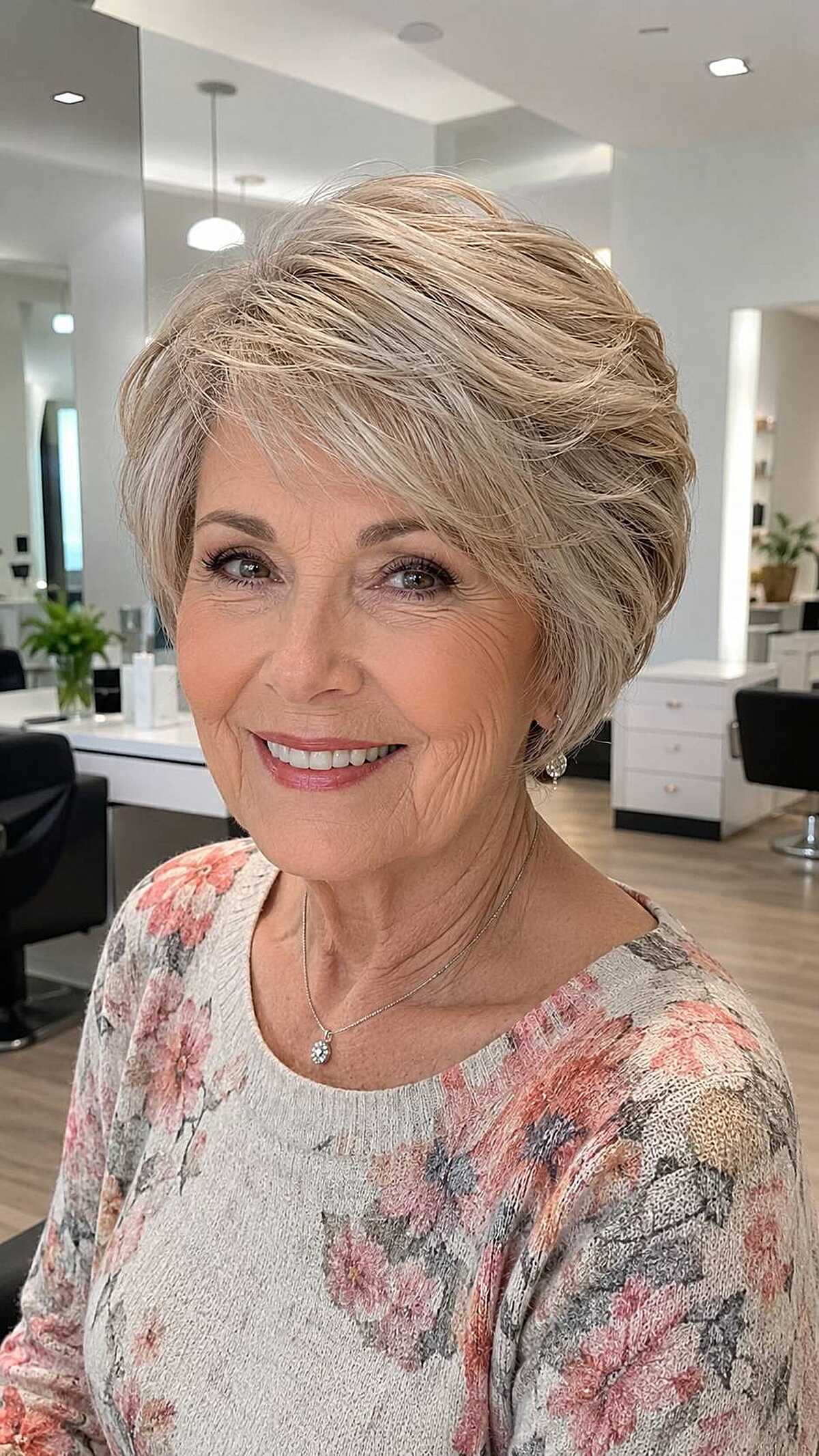 Short feathered pixie with champagne blonde layers