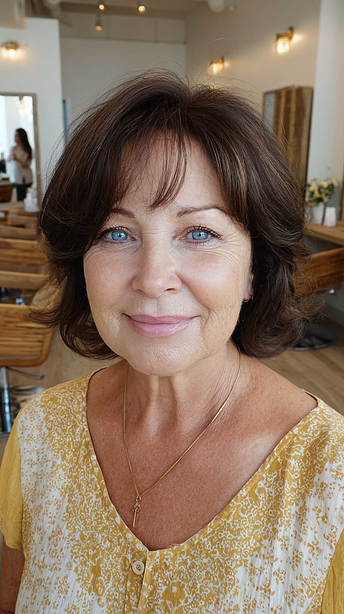 Chin-length chocolate brown layered bob with bangs