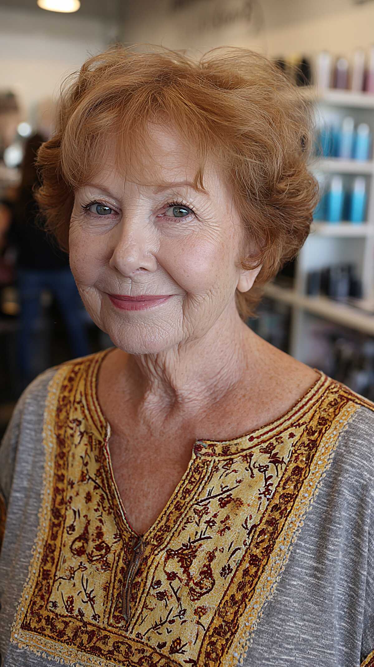 Short soft copper curly pixie on older woman