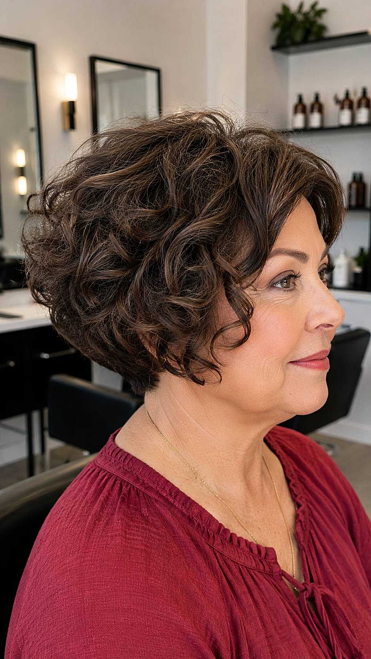Short stacked curly bob in dark brown with highlights