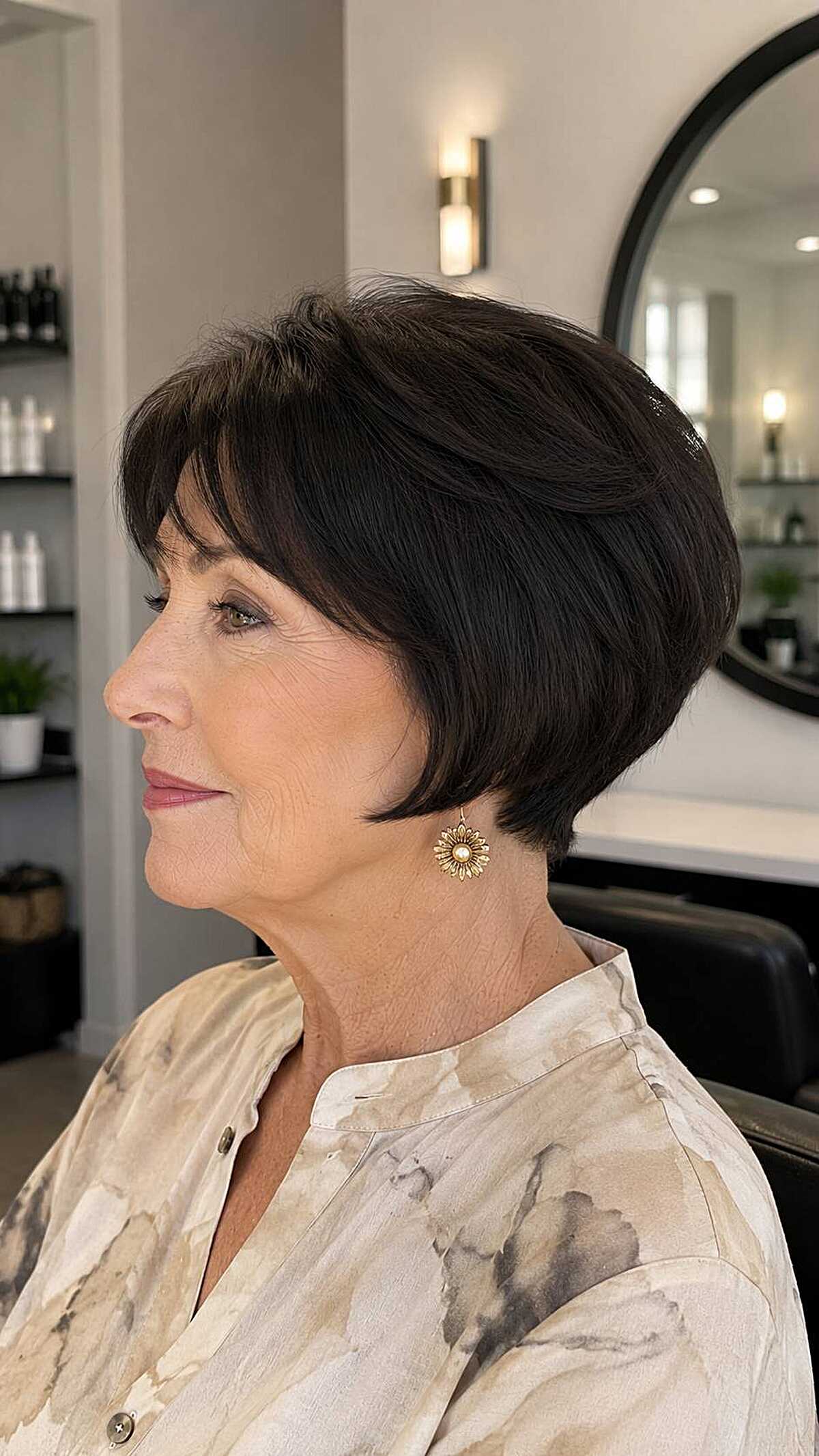 Dark brunette short layered wedge cut in profile