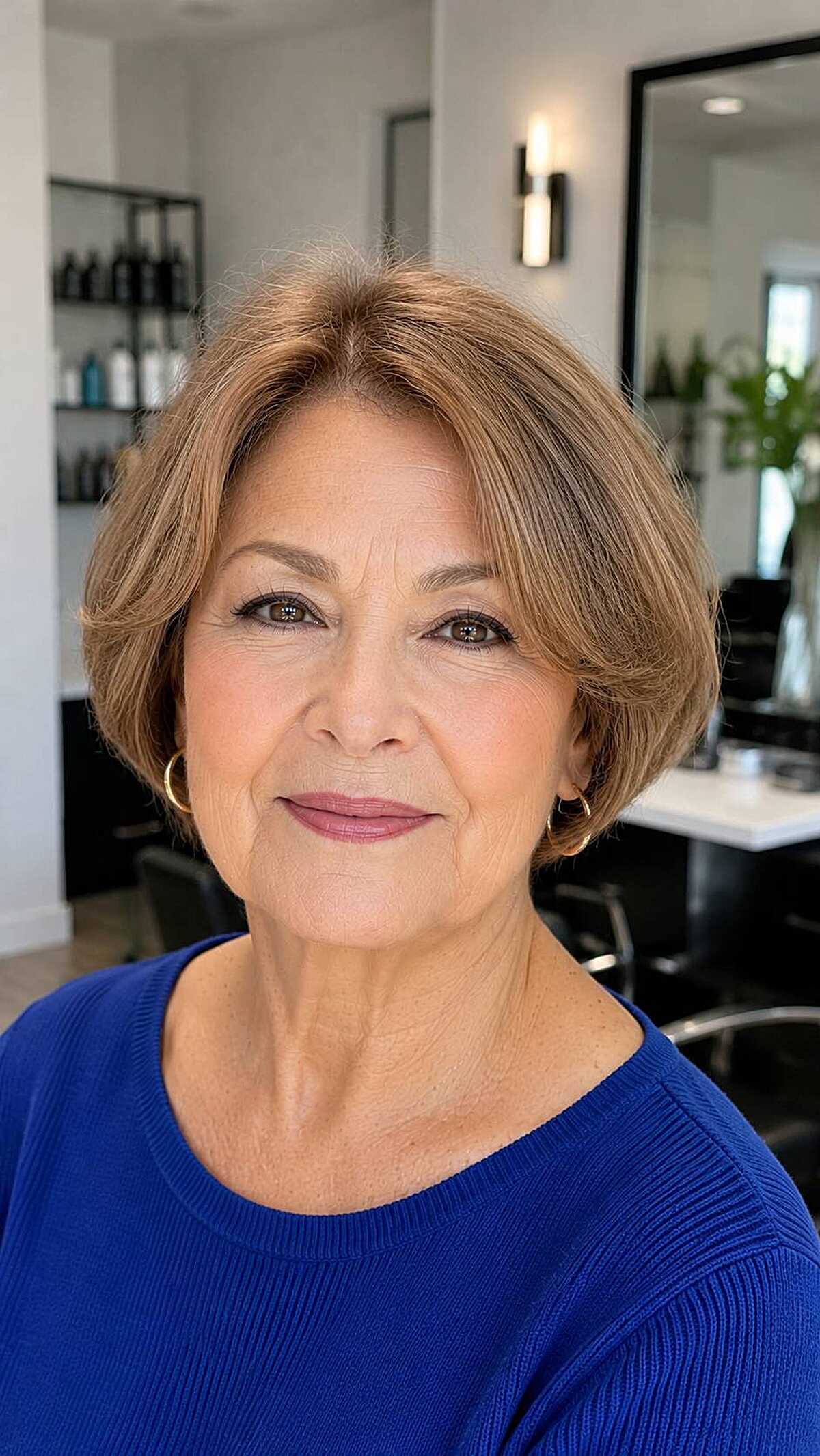 Short honey blonde bob with side part and volume