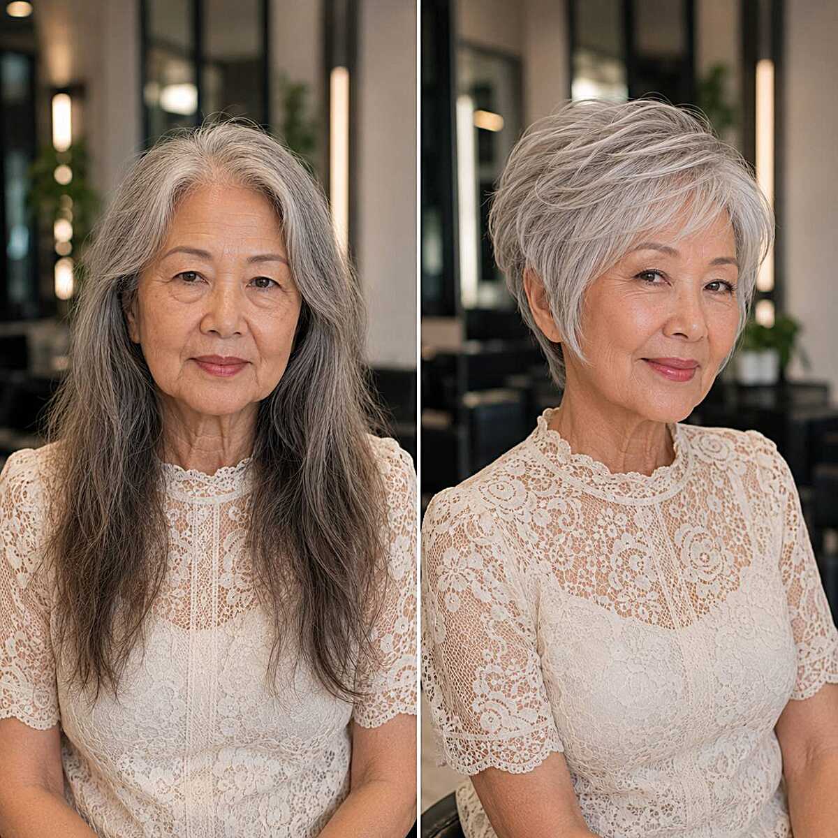 Before and after from long gray hair to short pixie