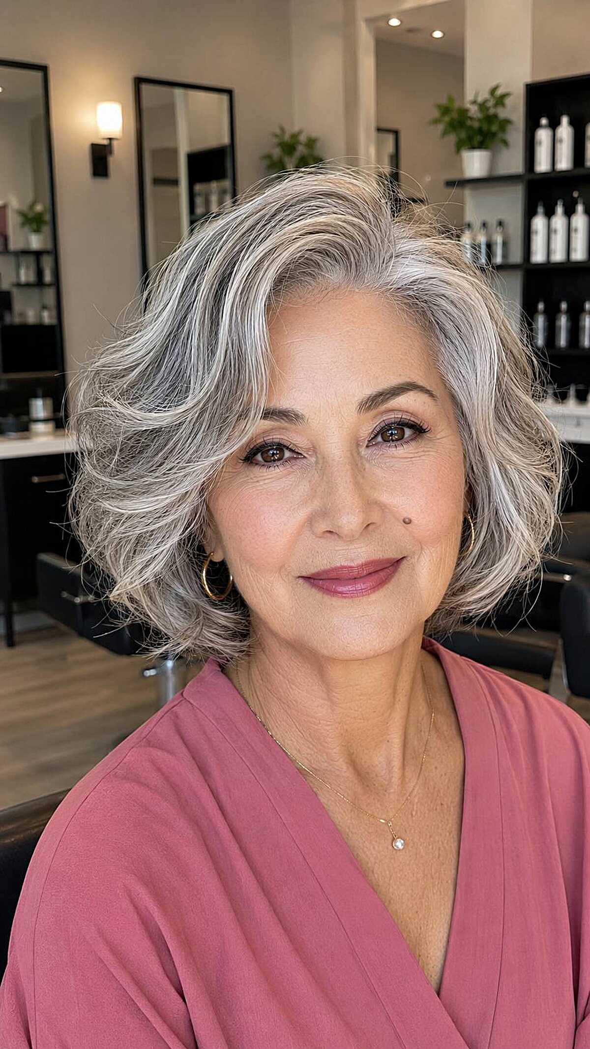 Shoulder-length wavy salt and pepper gray lob