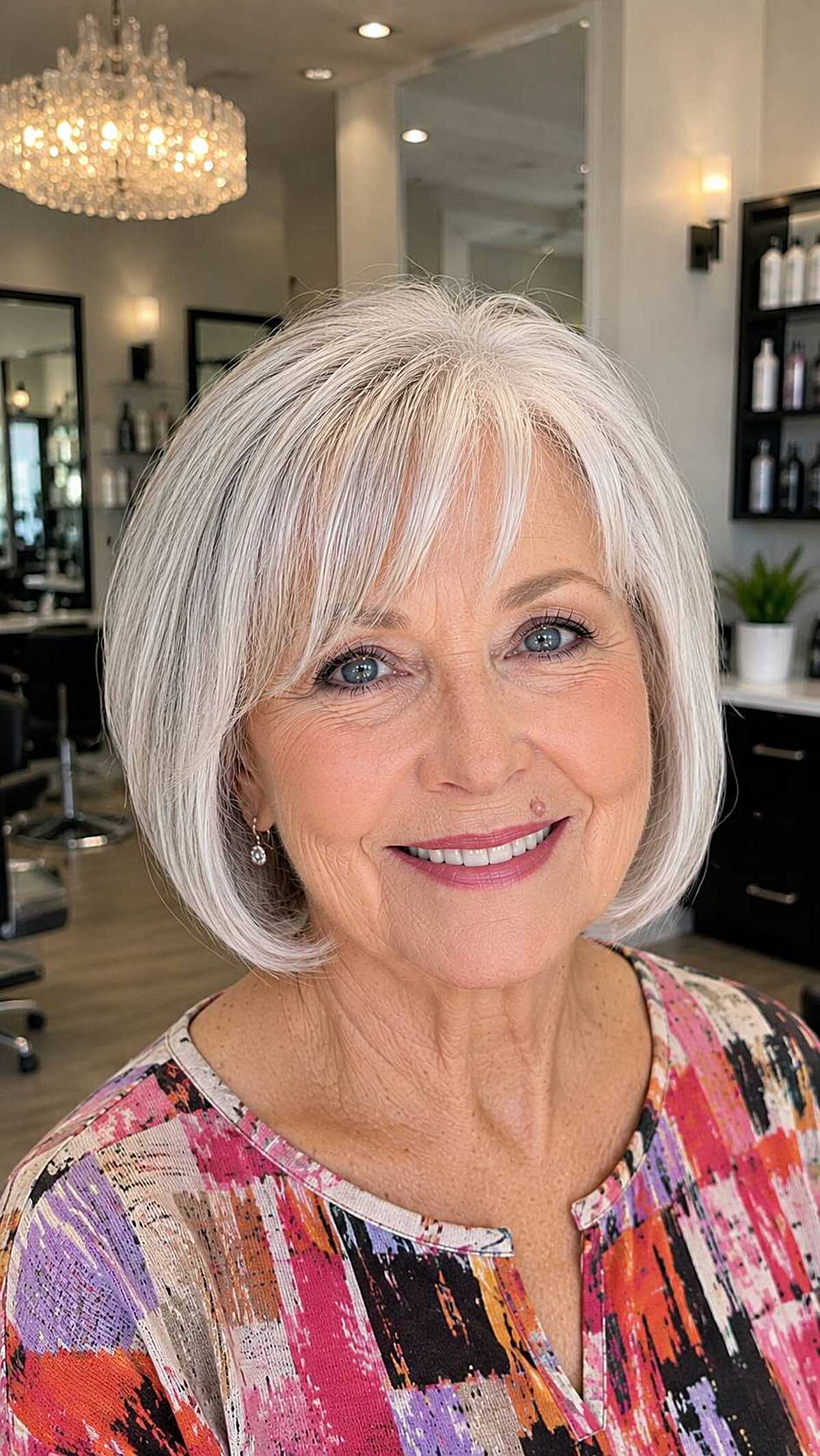 Silver chin-length bob with soft feathered bangs