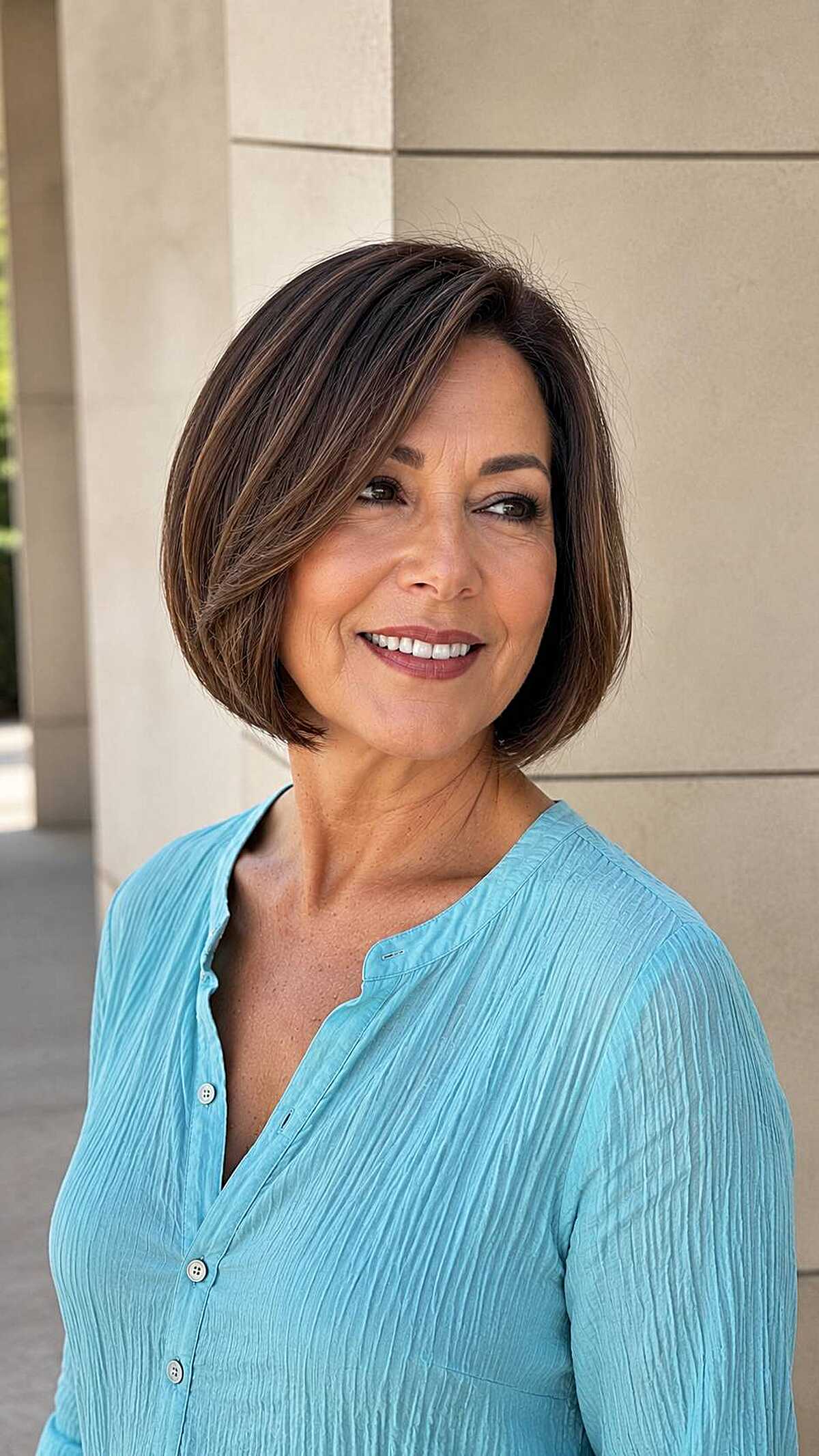 Short sleek dark brunette bob with subtle highlights