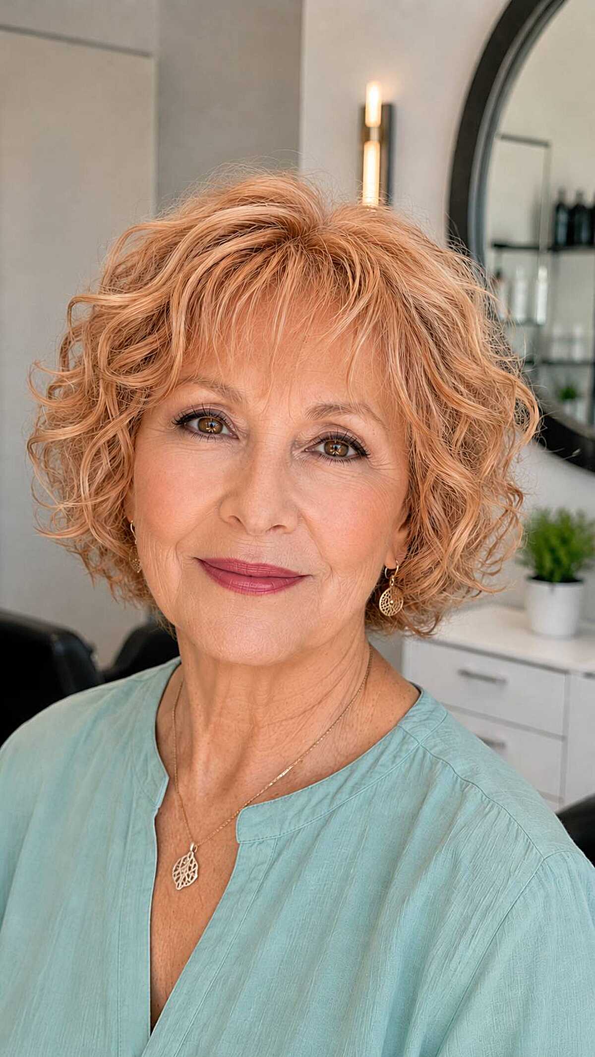 Chin-length strawberry blonde bob with loose curls