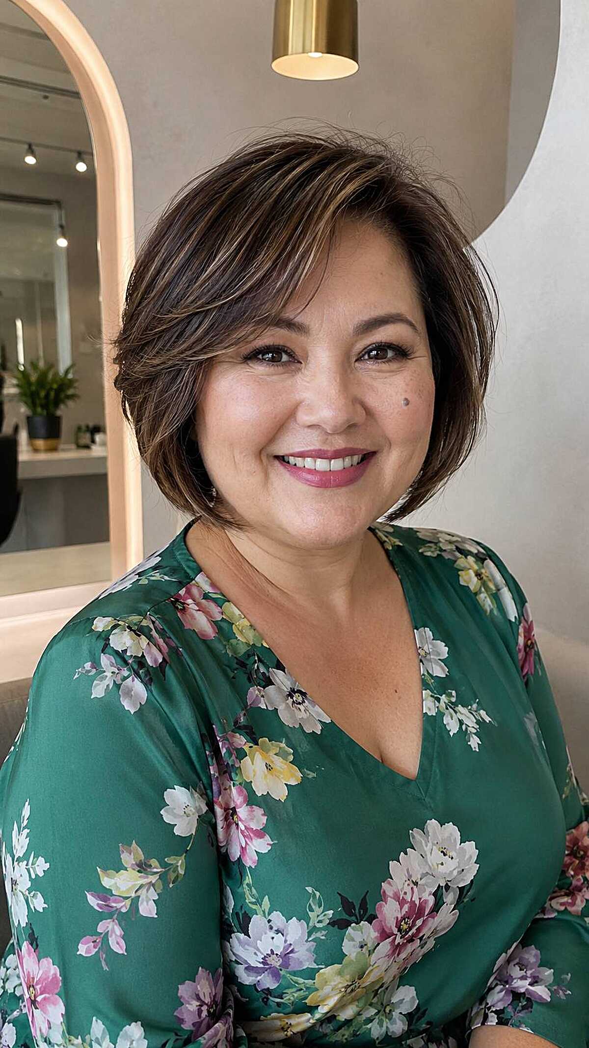 Chin-length brunette bob with caramel highlights