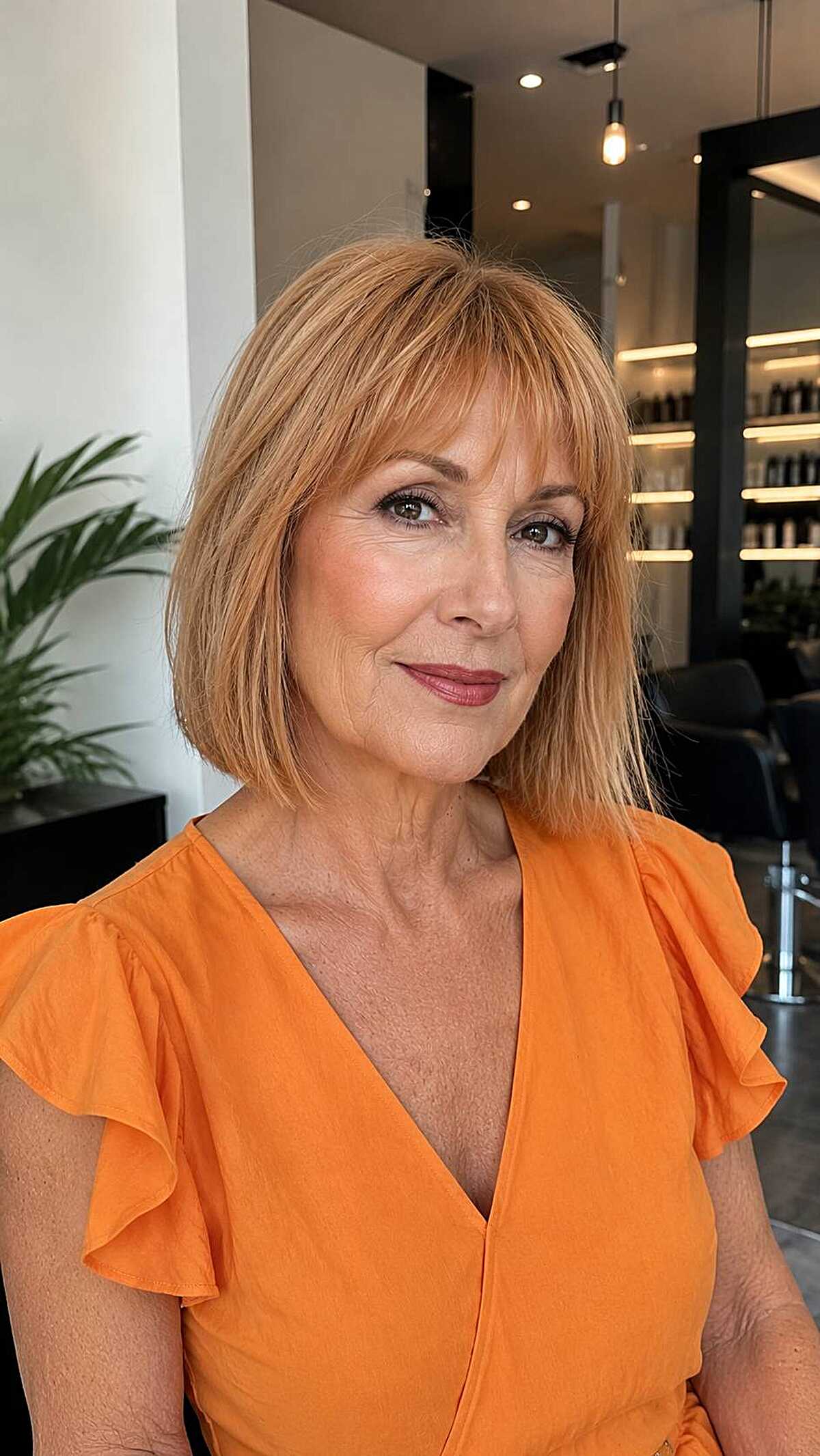 Chin-length warm copper bob with straight fringe