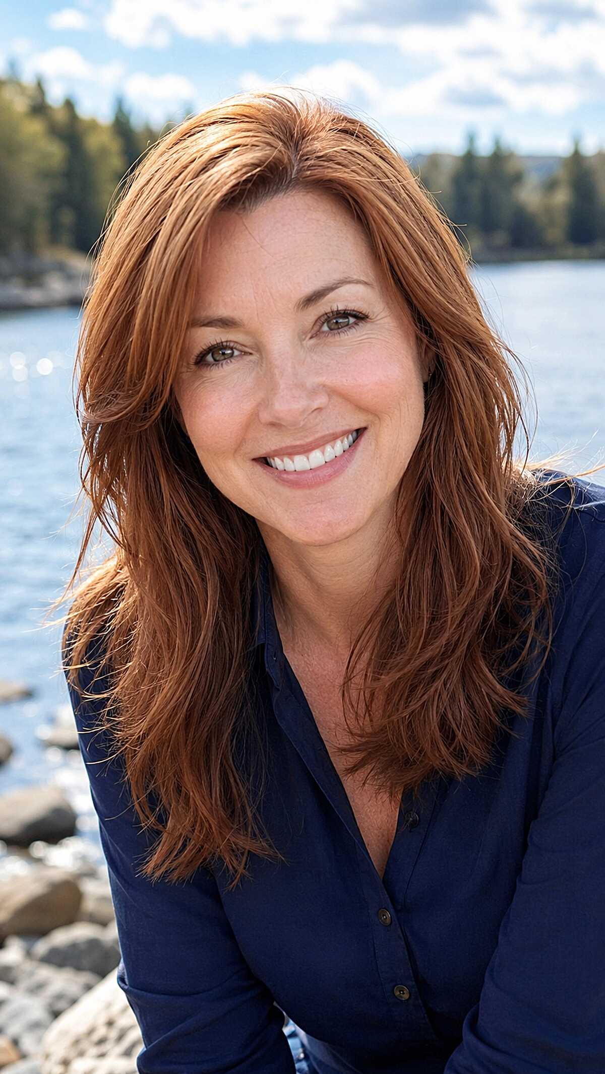 Auburn copper medium layered hair in outdoor light