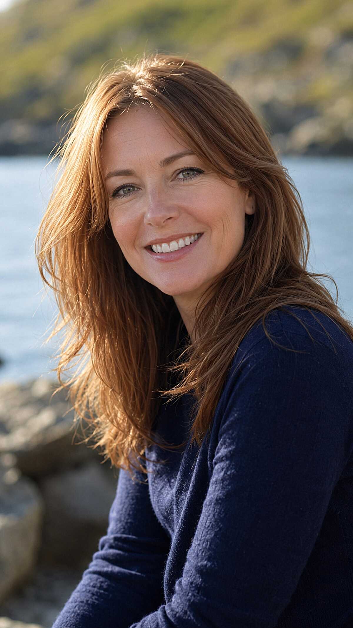 Auburn red medium layered hair in coastal sunlight