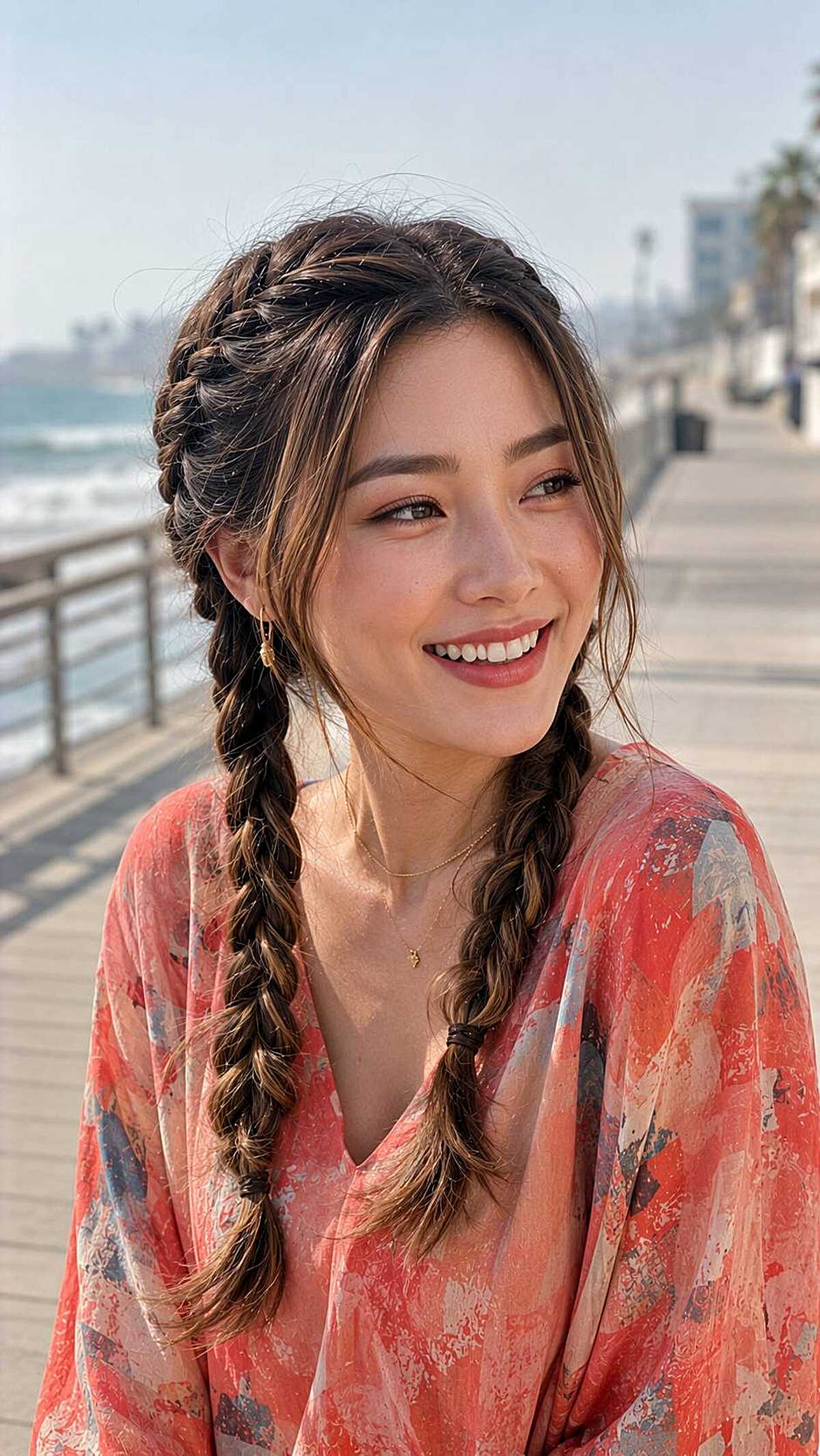 Two loose fishtail braids by the ocean with loose pieces