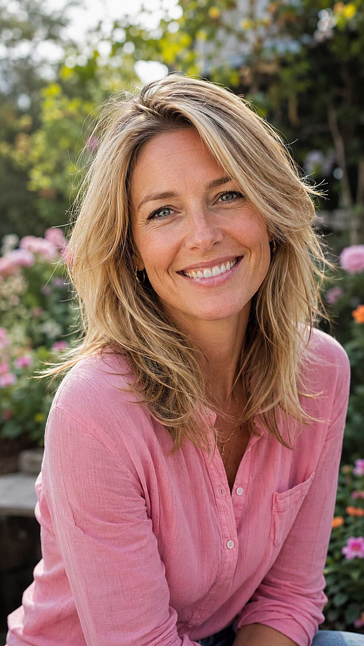 Beachy blonde textured medium shag with choppy layers