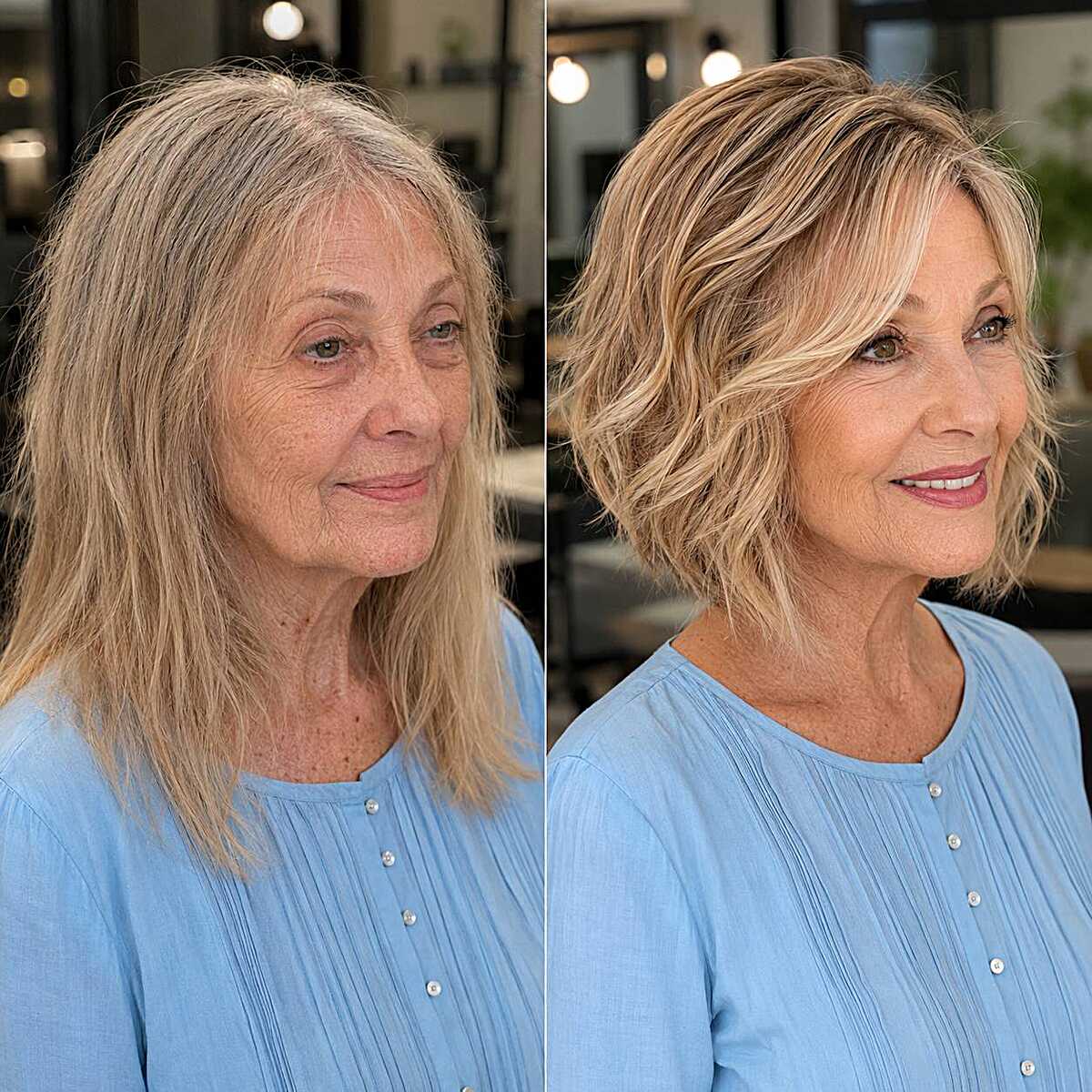 Before and after wavy blonde A-line bob makeover