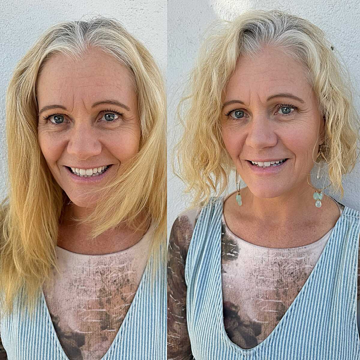 Before and after blonde shaggy bob with texture