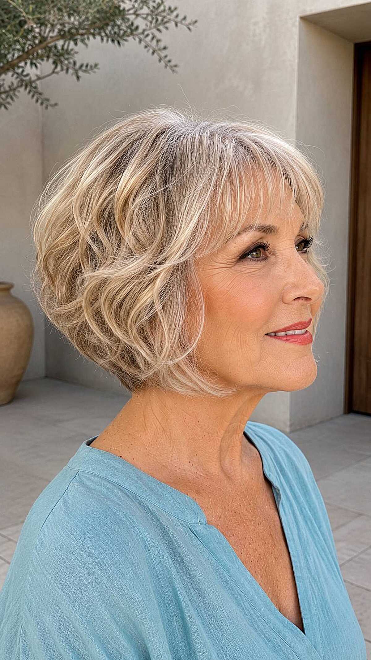 Blonde wavy A-line bob with curtain bangs