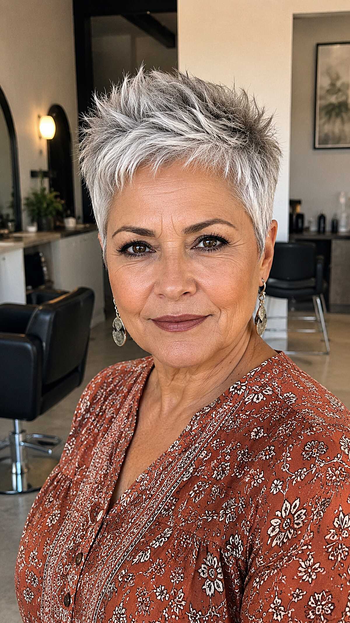 Bold spiky silver pixie with dark roots on older woman