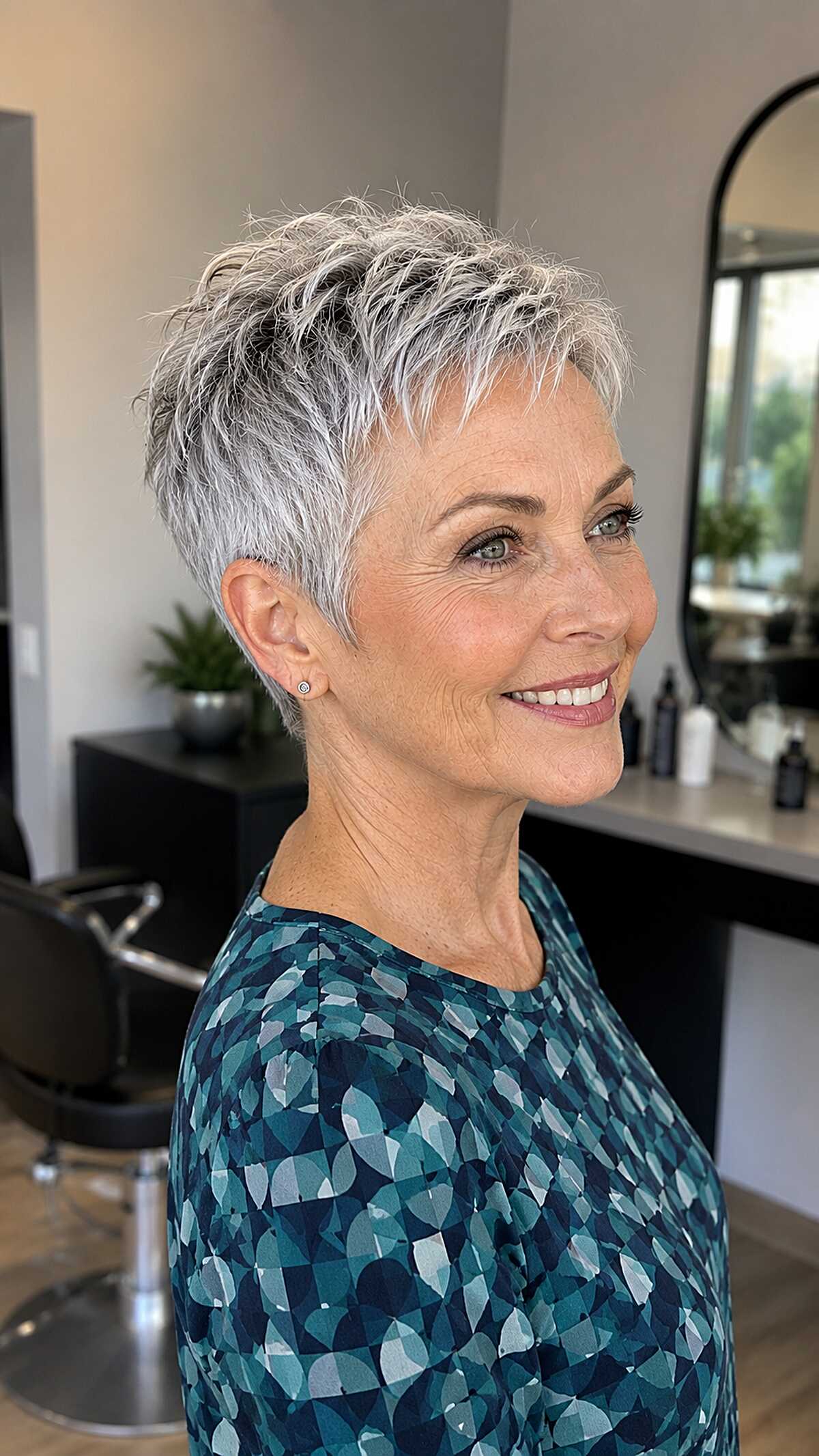 Layered silver pixie with feathered top on older woman