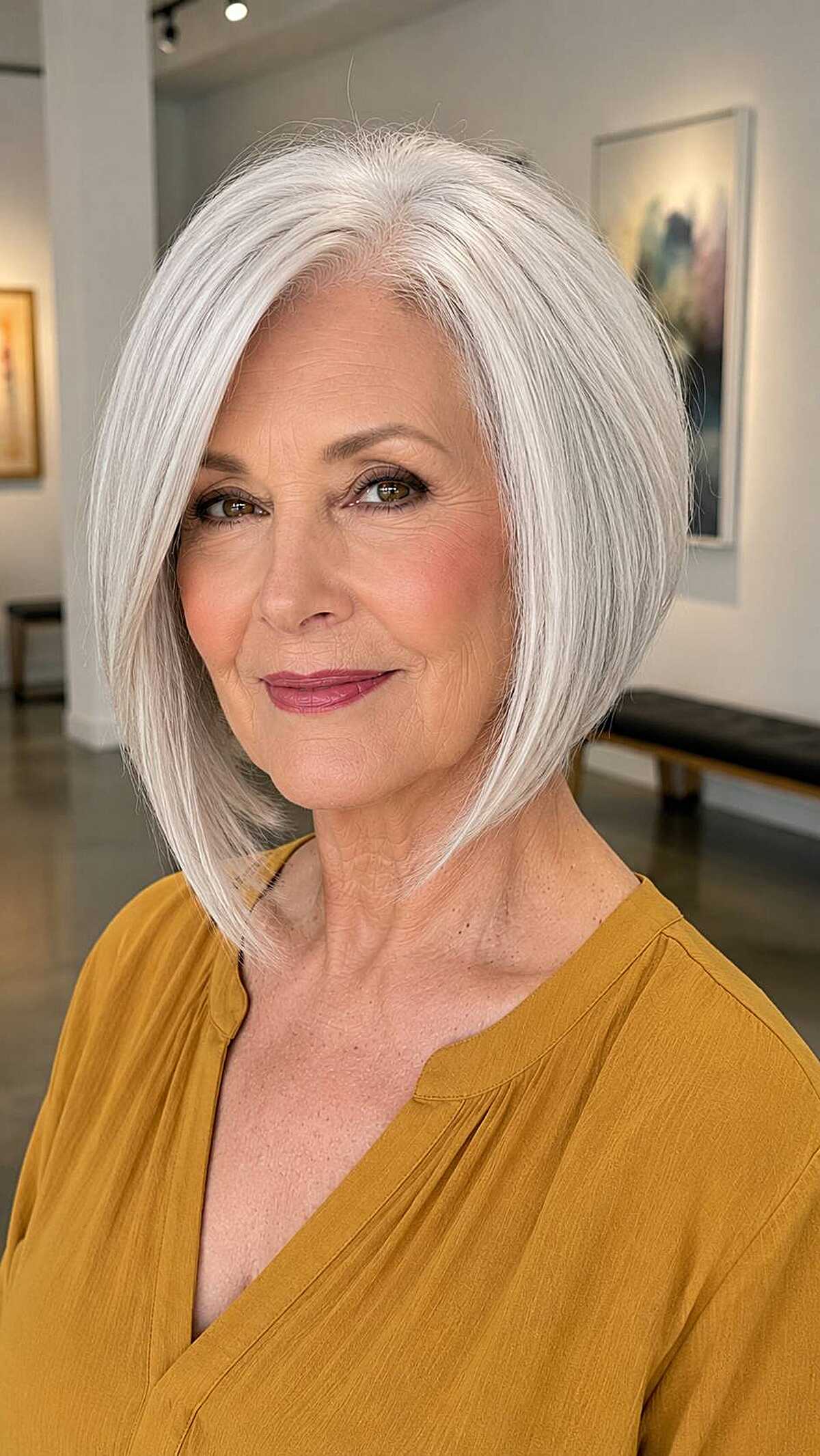 Bright white asymmetric A-line bob